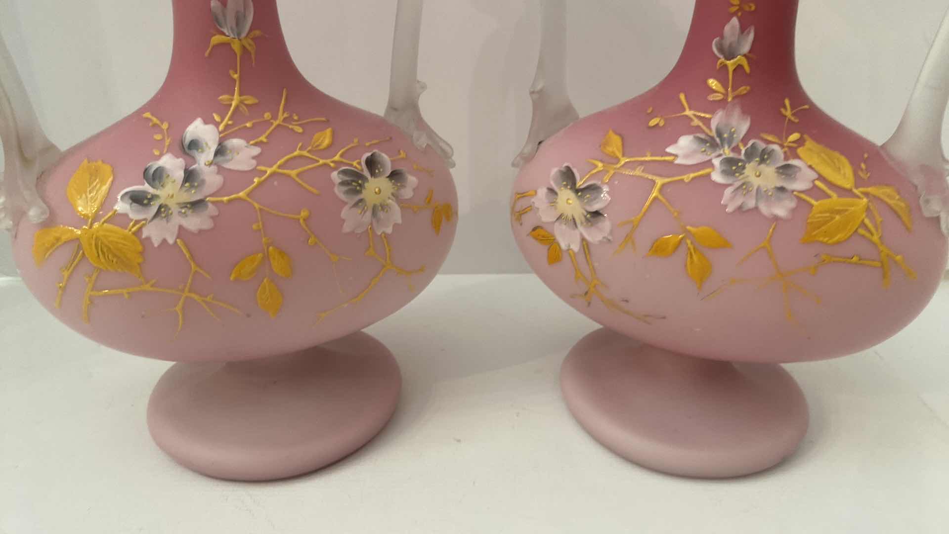 Photo 1 of PAIR OF VICTORIAN CASED SATIN GLASS WITH THORN HANDLE VASES 6“ x 9 3/4” EACH INVOICE FROM 1996