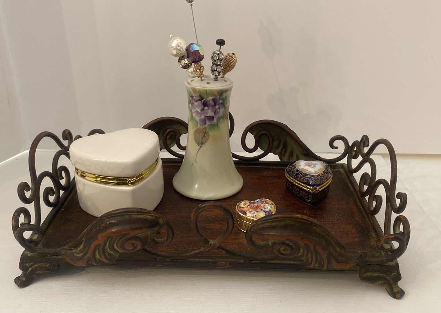 Photo 1 of METAL TRAY WITH PILL BOXES & HAT PIN HOLDER 12” x 7 1/2”