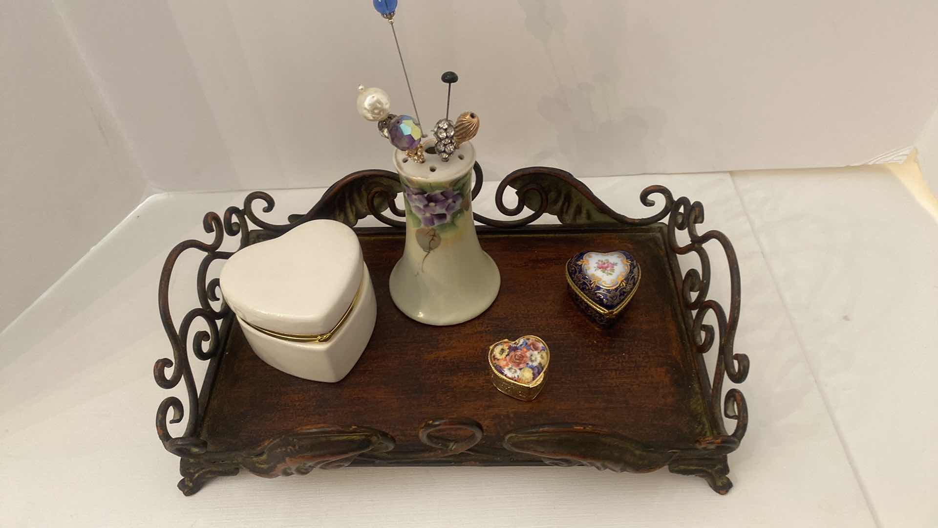 Photo 1 of METAL TRAY WITH PILL BOXES & HAT PIN HOLDER 12” x 7 1/2”