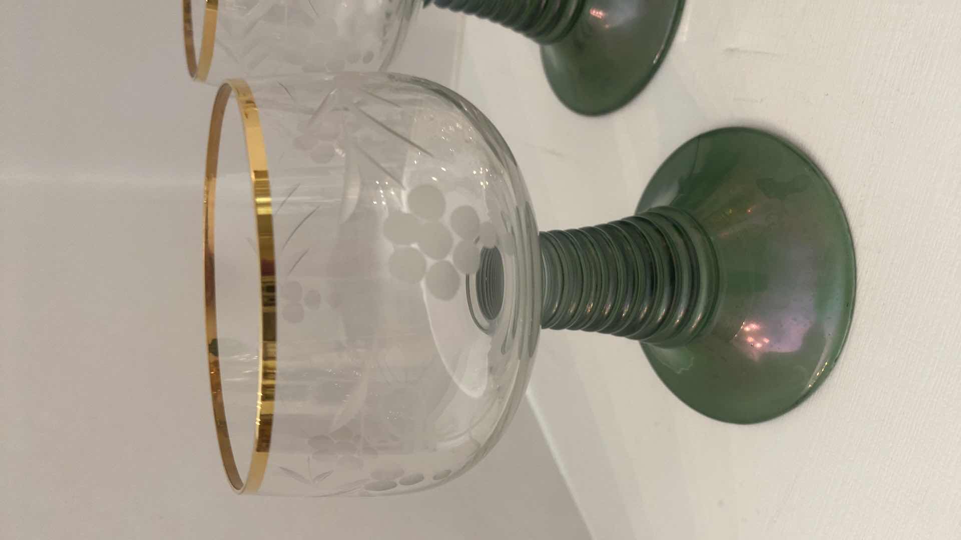 Photo 1 of VINTAGE GERMAN ROEMER GREEN AND GOLD RIMMED WINE GLASSES AND GOLD JEWELED SHOT GLASSES