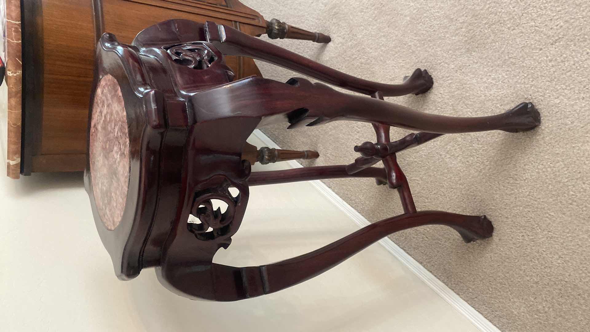 Photo 1 of WOOD PLANT STAND WITH MARBLE INSET BALL & CLAW LEGS 13“ x 13“ x 32 1/2“