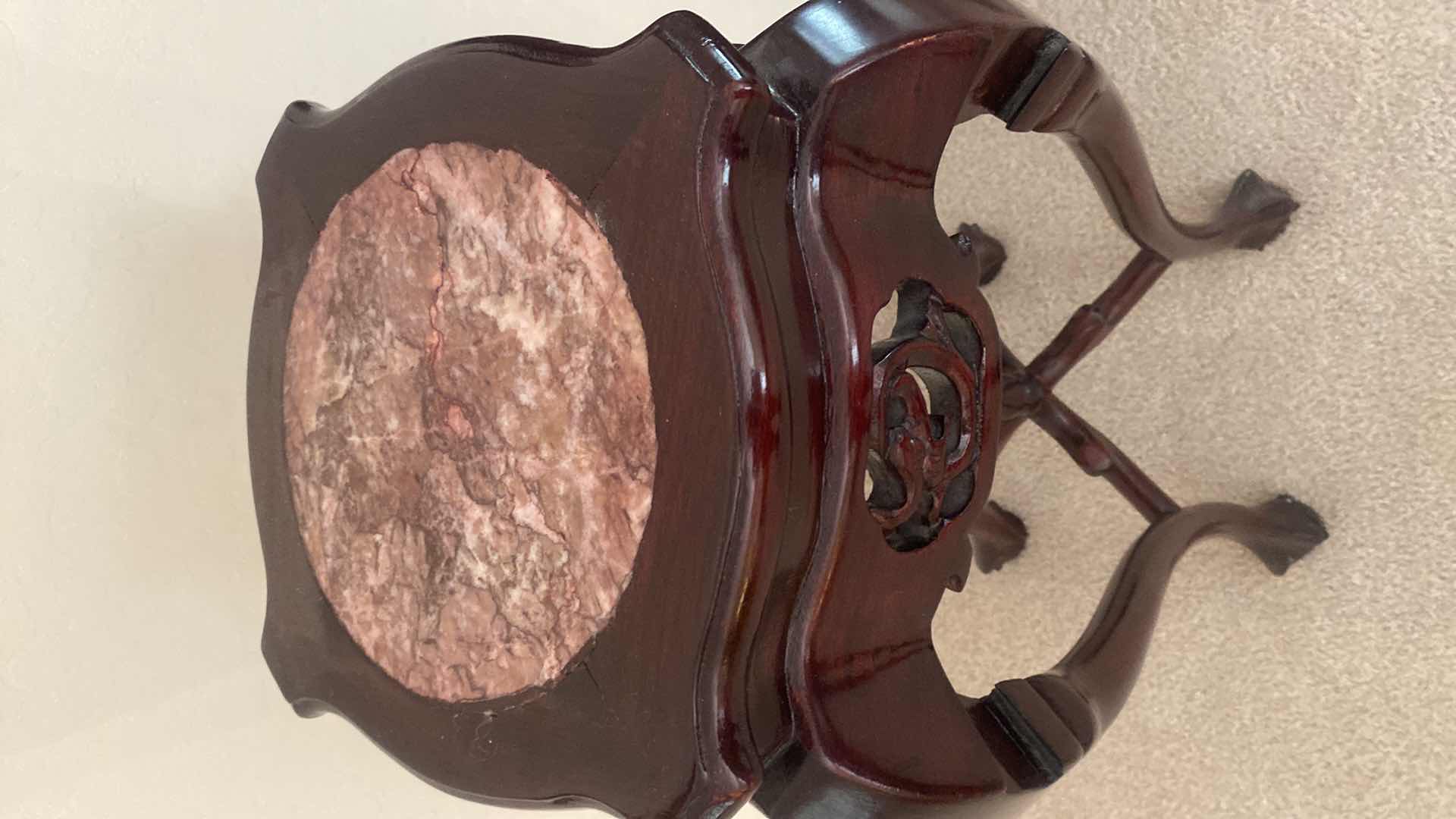 Photo 1 of WOOD PLANT STAND WITH MARBLE INSET BALL & CLAW LEGS 13“ x 13“ x 32 1/2“