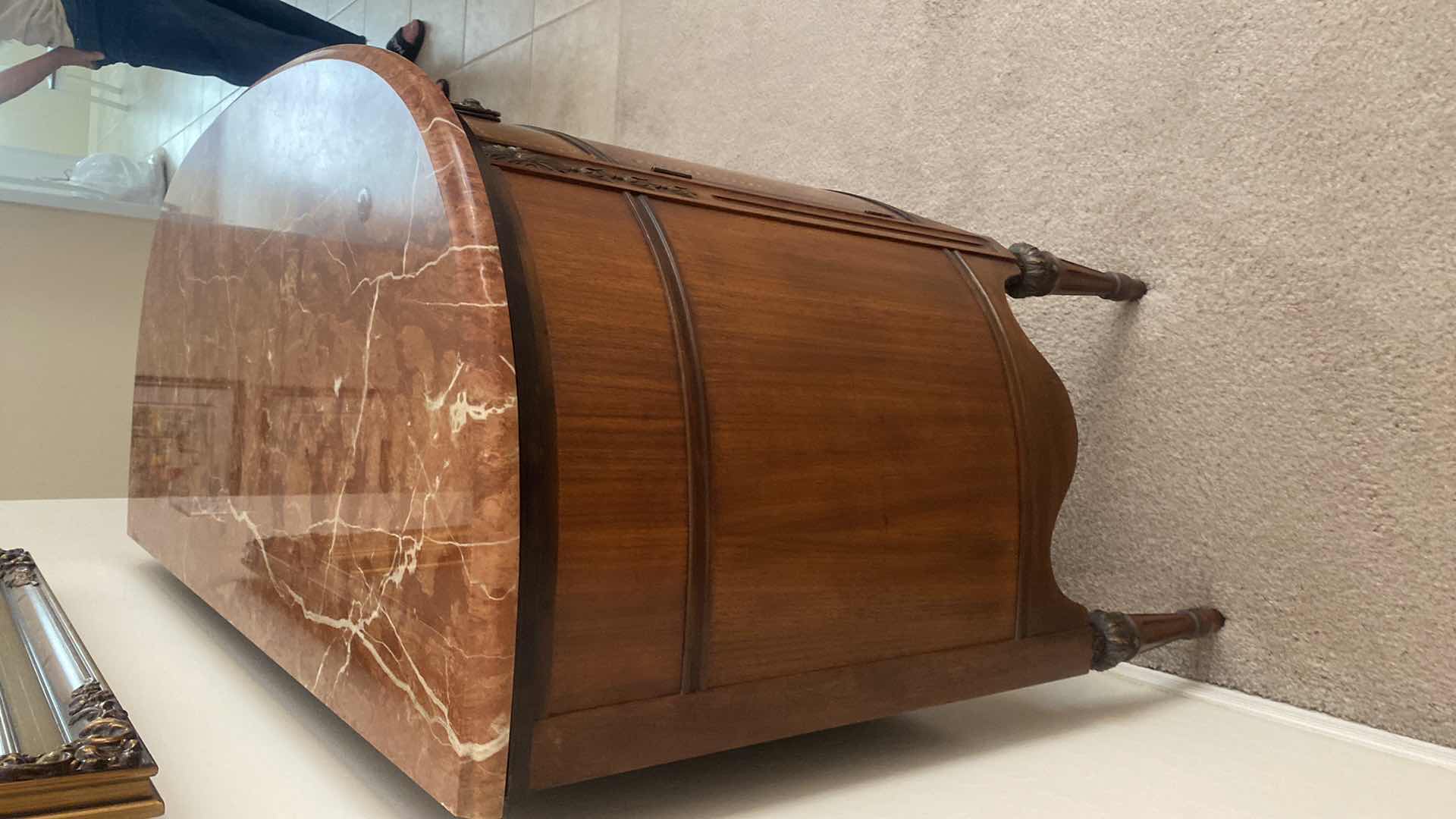 Photo 1 of ANTIQUE SIDEBOARD WITH FLORAL INLAY AND MARBLE TOP 45” x 21” x 36”