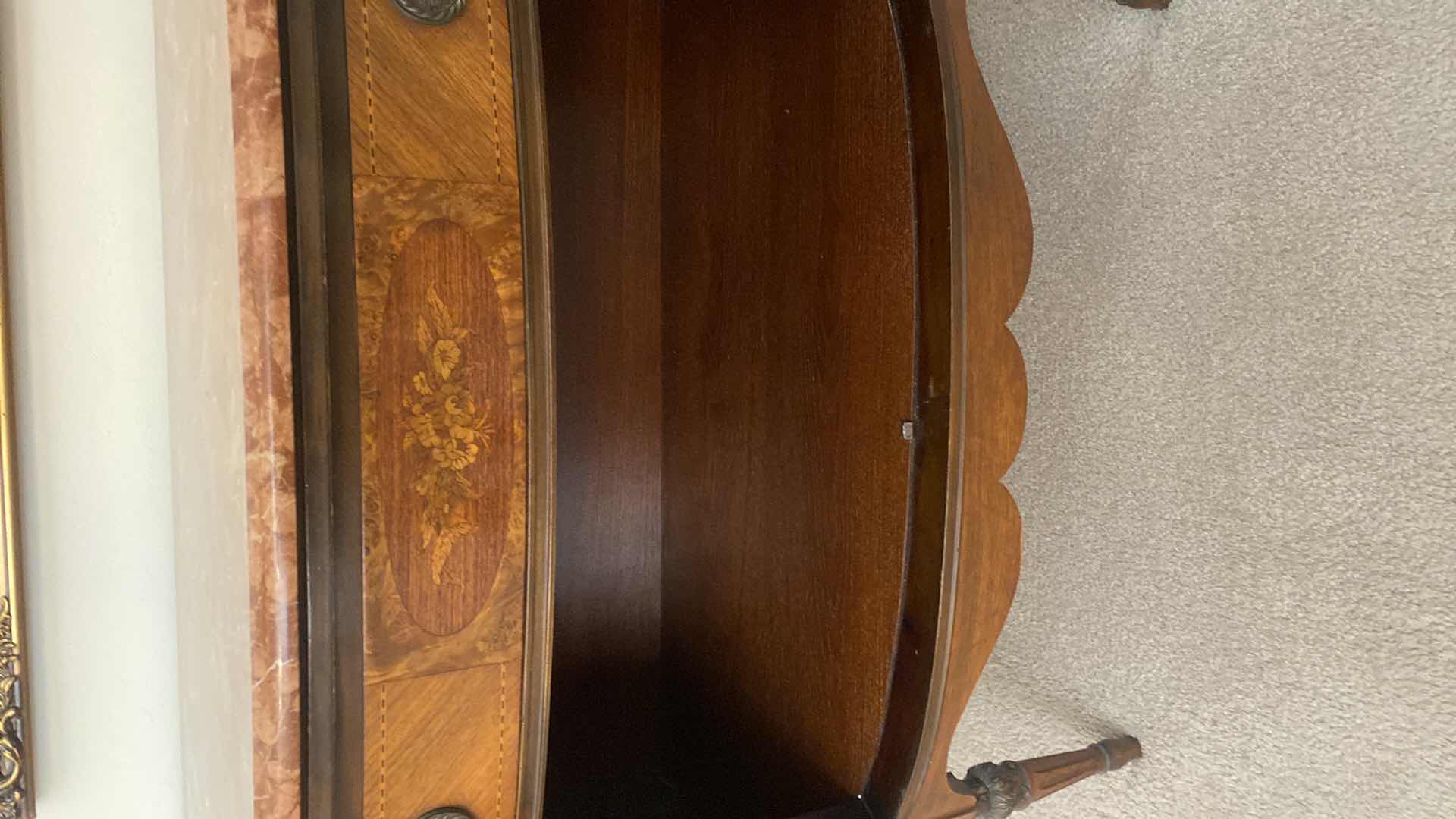 Photo 1 of ANTIQUE SIDEBOARD WITH FLORAL INLAY AND MARBLE TOP 45” x 21” x 36”