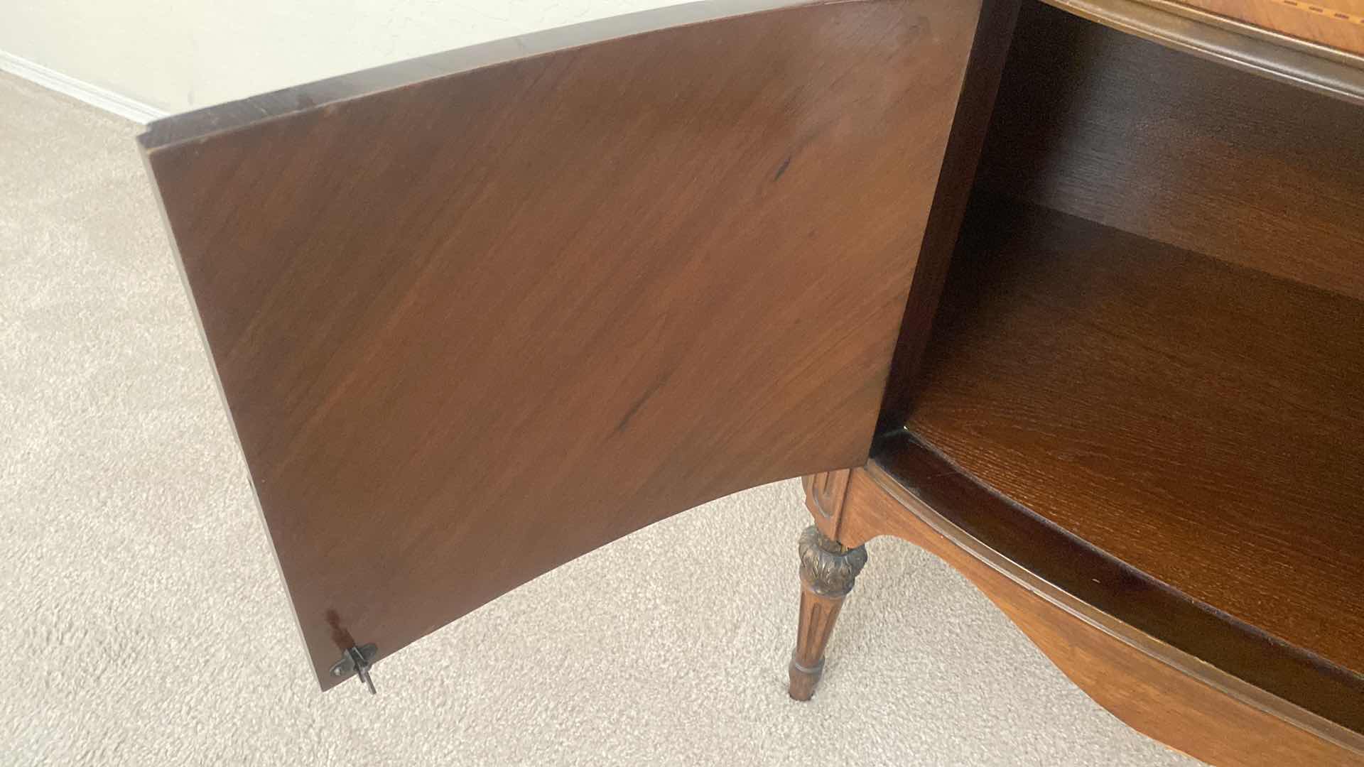 Photo 1 of ANTIQUE SIDEBOARD WITH FLORAL INLAY AND MARBLE TOP 45” x 21” x 36”