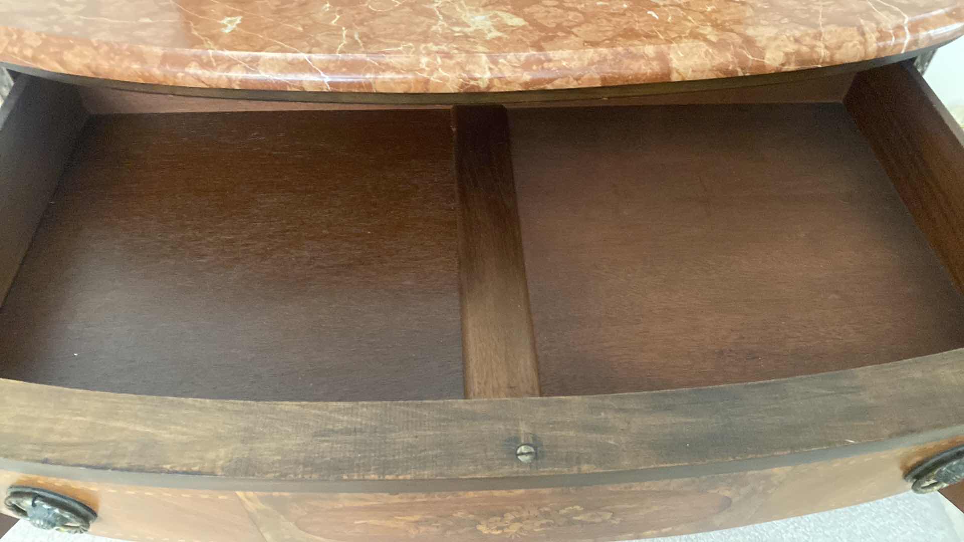 Photo 1 of ANTIQUE SIDEBOARD WITH FLORAL INLAY AND MARBLE TOP 45” x 21” x 36”