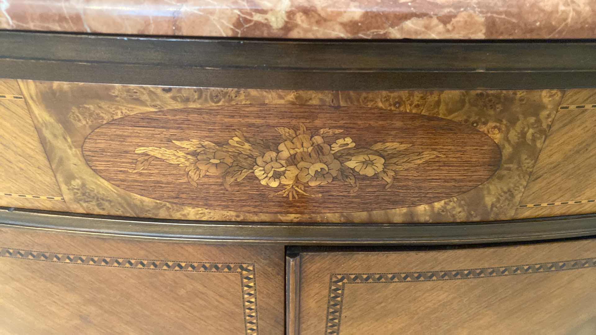 Photo 1 of ANTIQUE SIDEBOARD WITH FLORAL INLAY AND MARBLE TOP 45” x 21” x 36”
