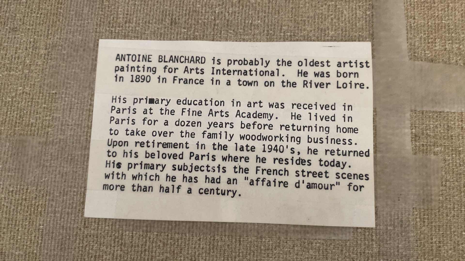Photo 1 of FRAMED ORIGINAL ANTOINE BLANCHARD OIL PAINTING “PARIS” PAINTING UNFRAMED MEASURES 16” x 12”, FRAMED 21” x 17” WITH RECEIPT FOR $2,000.  