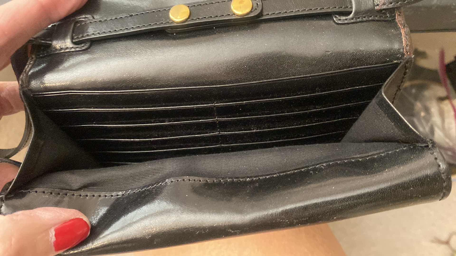 Photo 1 of BRAHMIN PECAN & BLACK ORGANIZER HANDBAG WITH 22 CREDIT CARD SLOTS 7” x 5 1/2” excluding strap