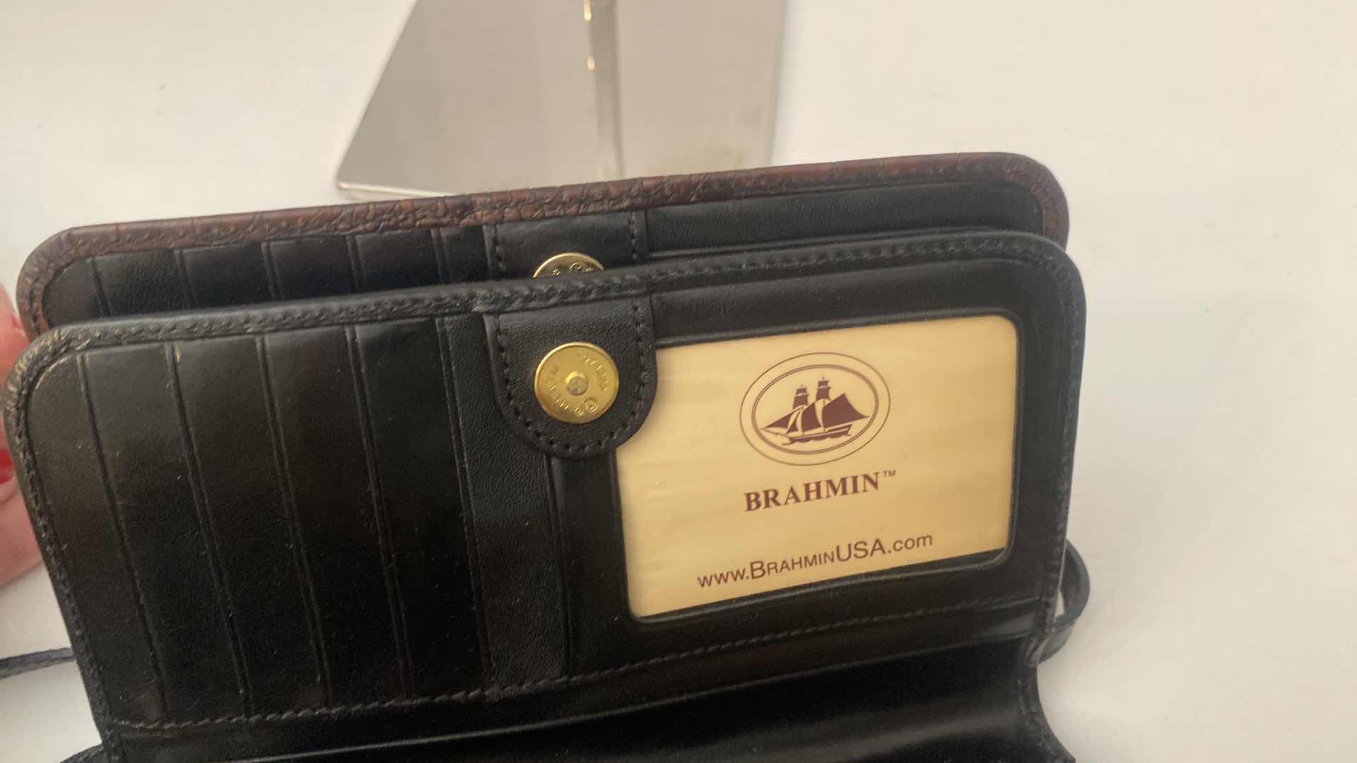 Photo 1 of BRAHMIN PECAN & BLACK ORGANIZER HANDBAG WITH 22 CREDIT CARD SLOTS 7” x 5 1/2” excluding strap