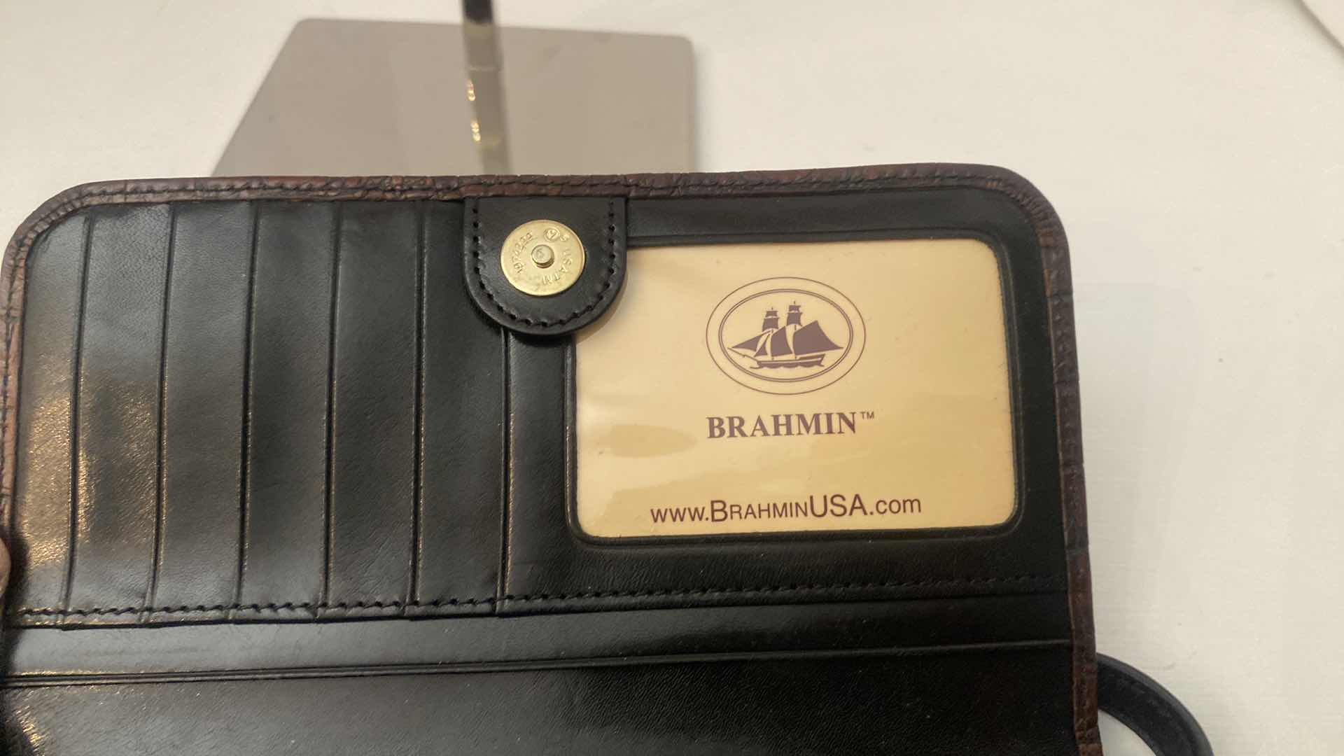 Photo 1 of BRAHMIN PECAN & BLACK ORGANIZER HANDBAG WITH 22 CREDIT CARD SLOTS 7” x 5 1/2” excluding strap