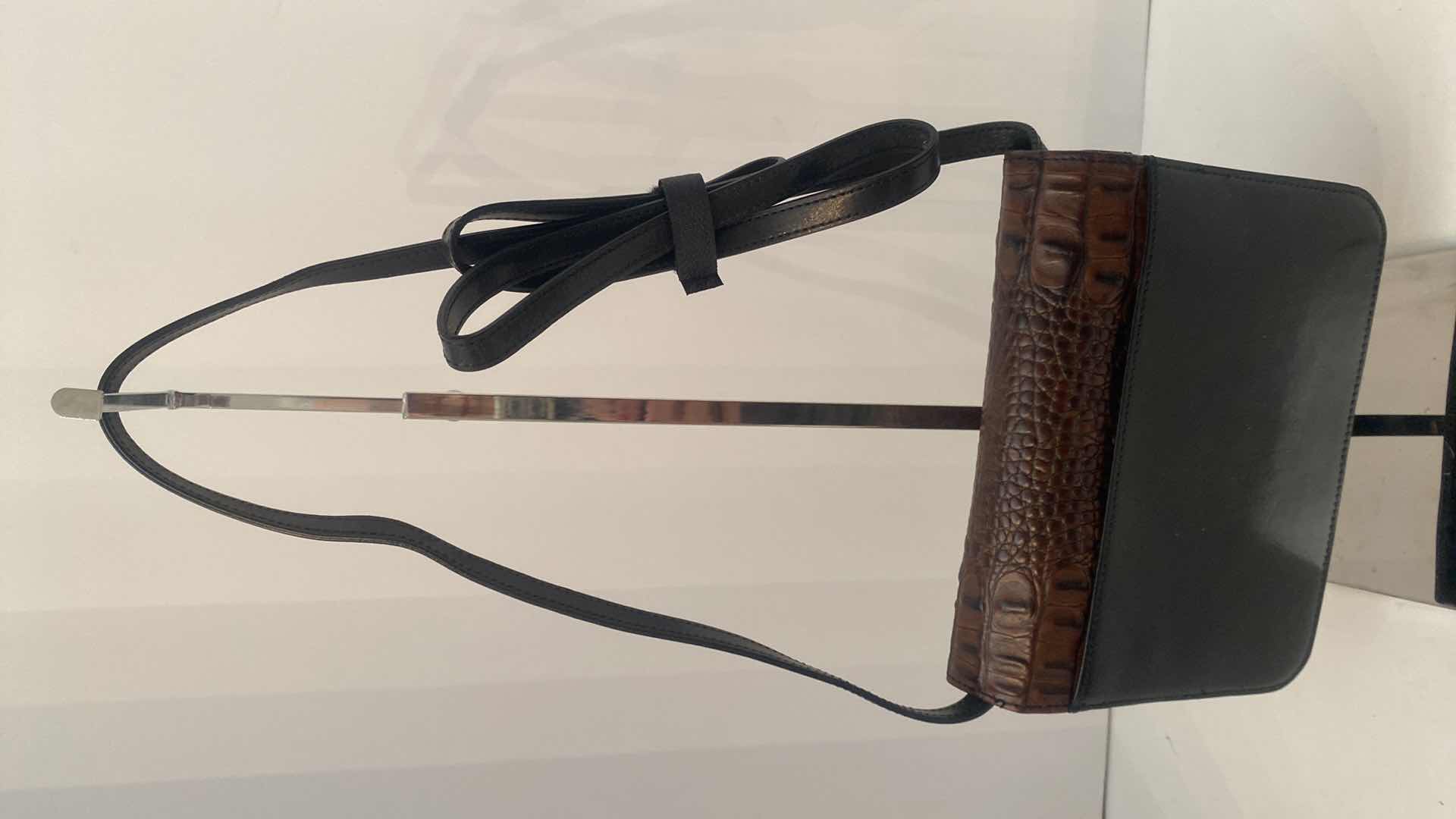 Photo 1 of BRAHMIN PECAN & BLACK ORGANIZER HANDBAG WITH 22 CREDIT CARD SLOTS 7” x 5 1/2” excluding strap