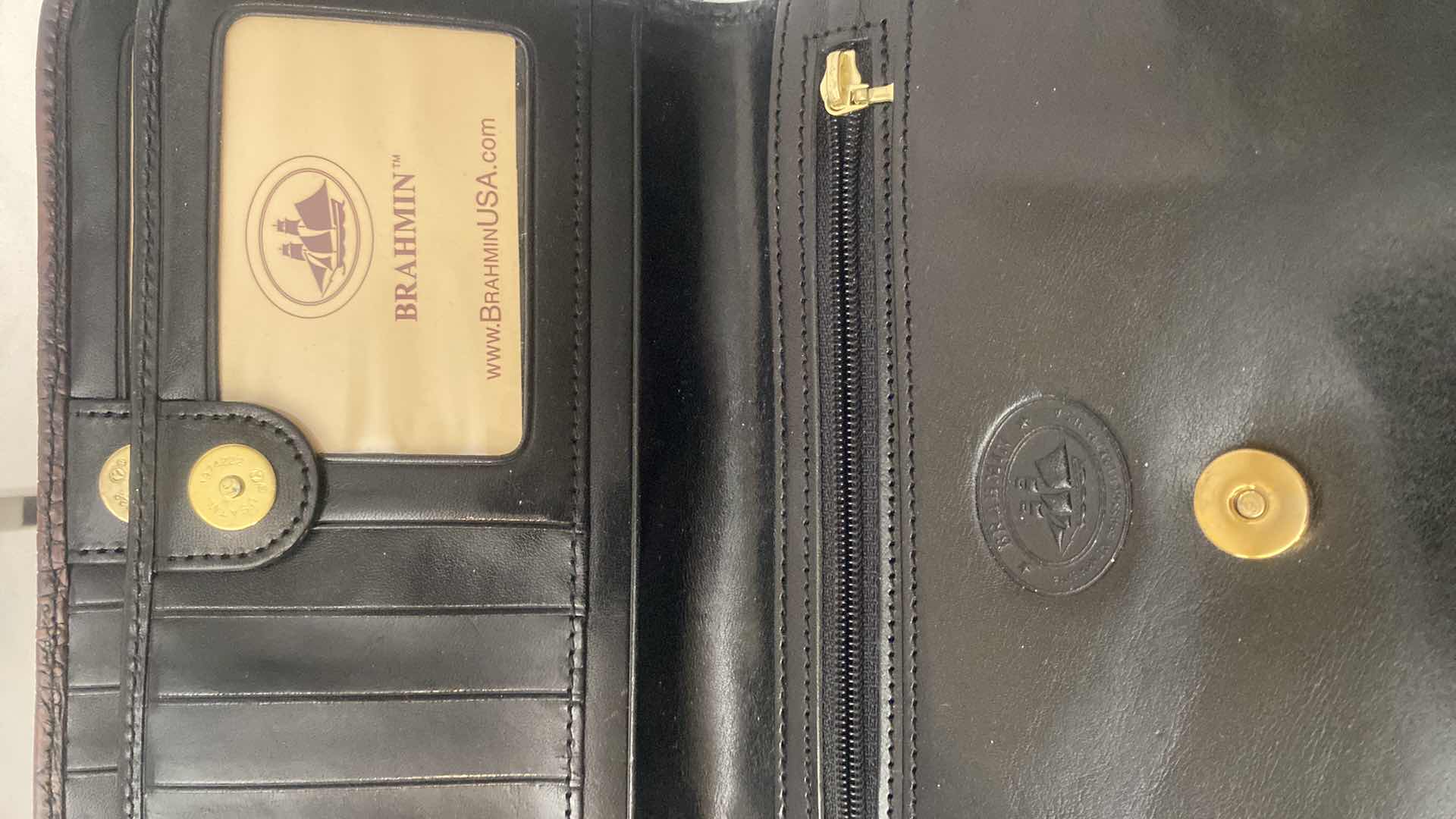 Photo 1 of BRAHMIN PECAN & BLACK ORGANIZER HANDBAG WITH 22 CREDIT CARD SLOTS 7” x 5 1/2” excluding strap