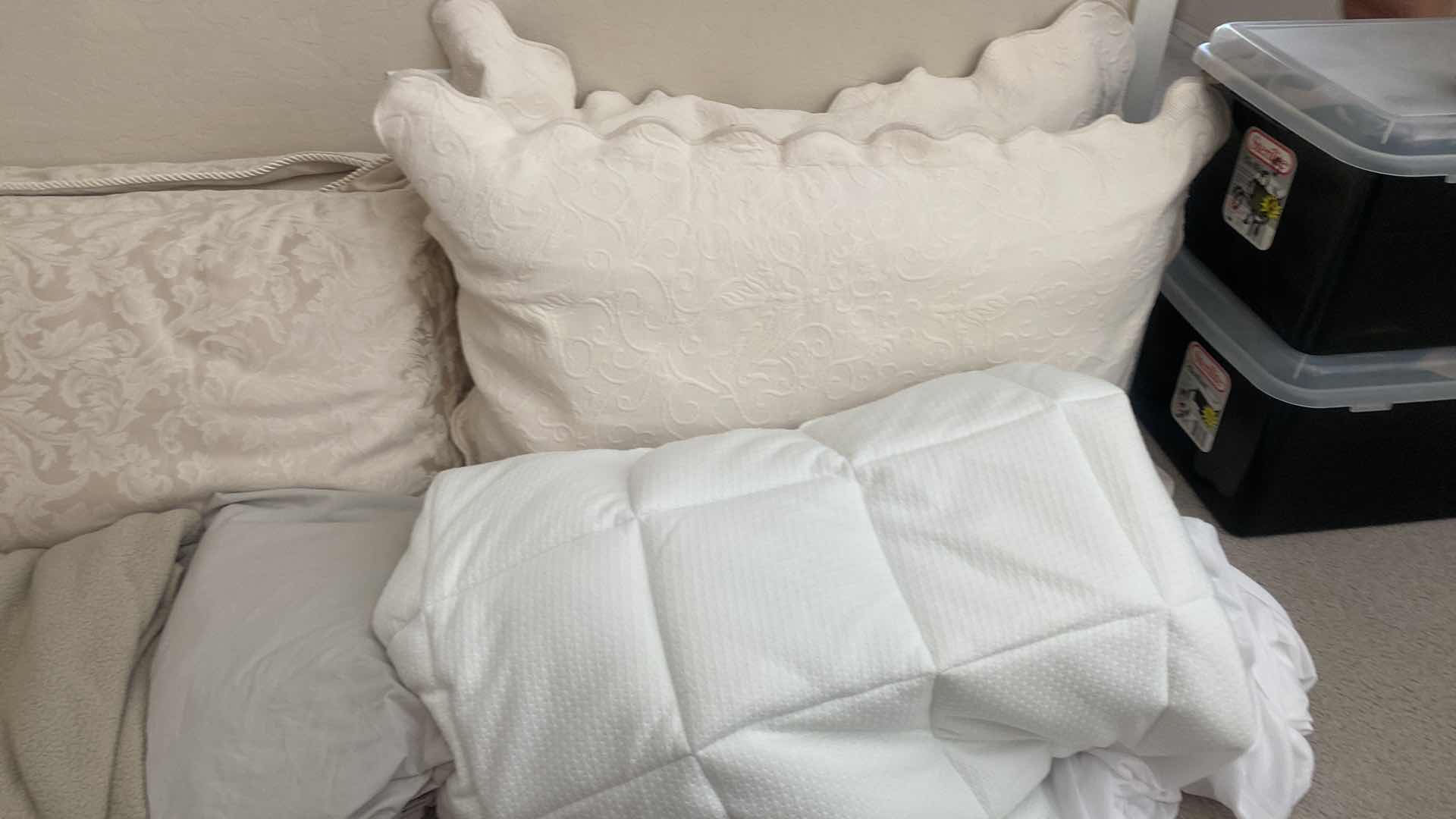 Photo 1 of 4 KING CREAM SHAMS WITH PILLOWS, KING SHEETS, BLANKET & MATTRESS PAD