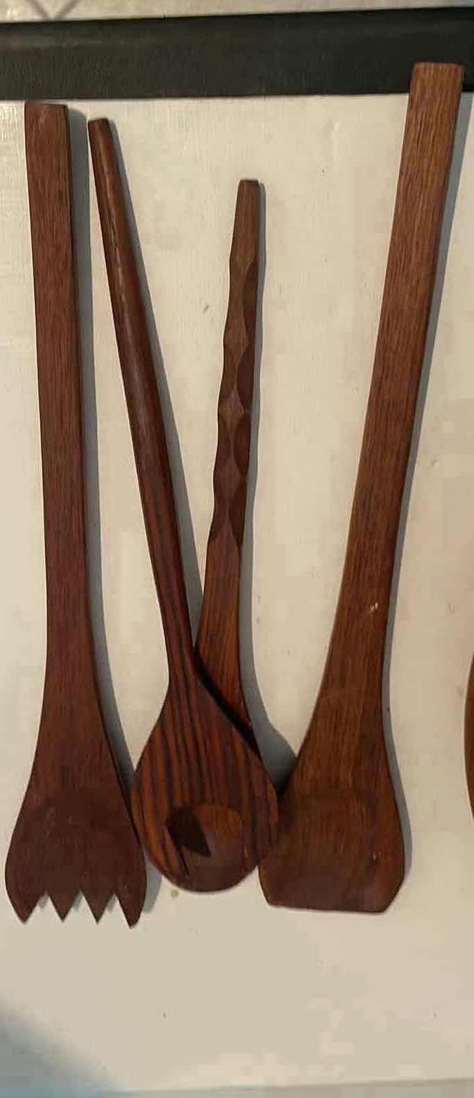 Photo 1 of HAND CARVED TEAK WOODEN SALAD BOWL WITH UTENSILS 12”