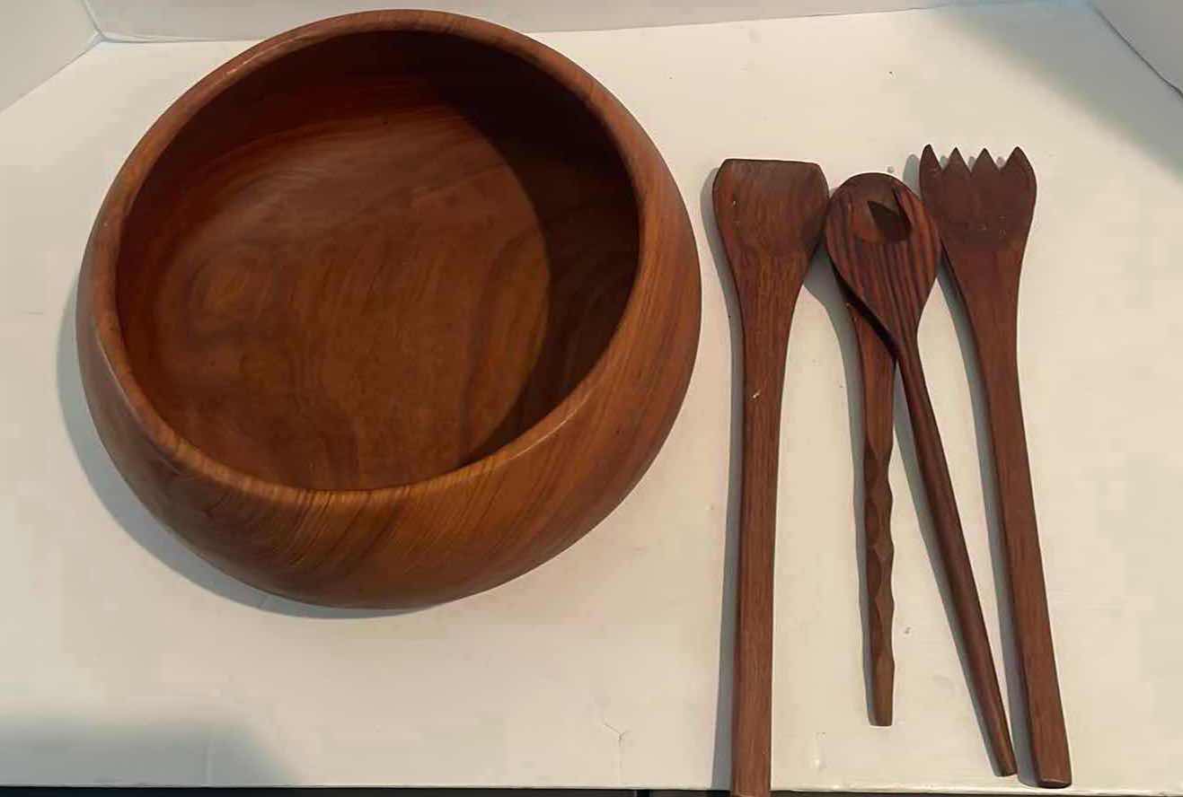 Photo 1 of HAND CARVED TEAK WOODEN SALAD BOWL WITH UTENSILS 12”