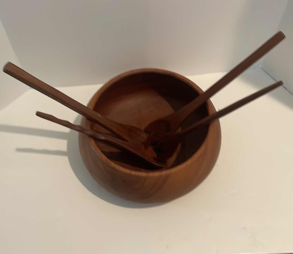 Photo 1 of HAND CARVED TEAK WOODEN SALAD BOWL WITH UTENSILS 12”