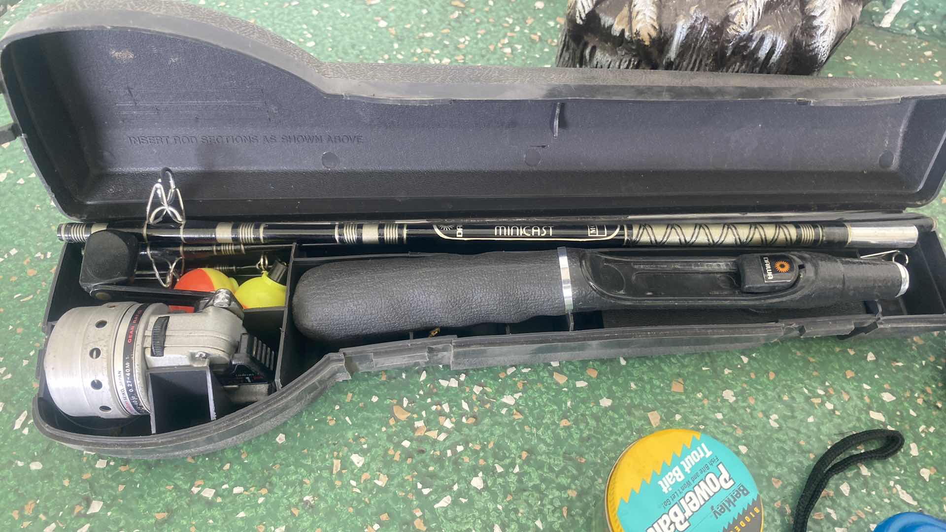 Photo 1 of 2-DAIWA MINI CAST FISHING POLES IN CASE, PLANO TACKLE & PLASTIC OWL (0wl is missing stopper on bottom)