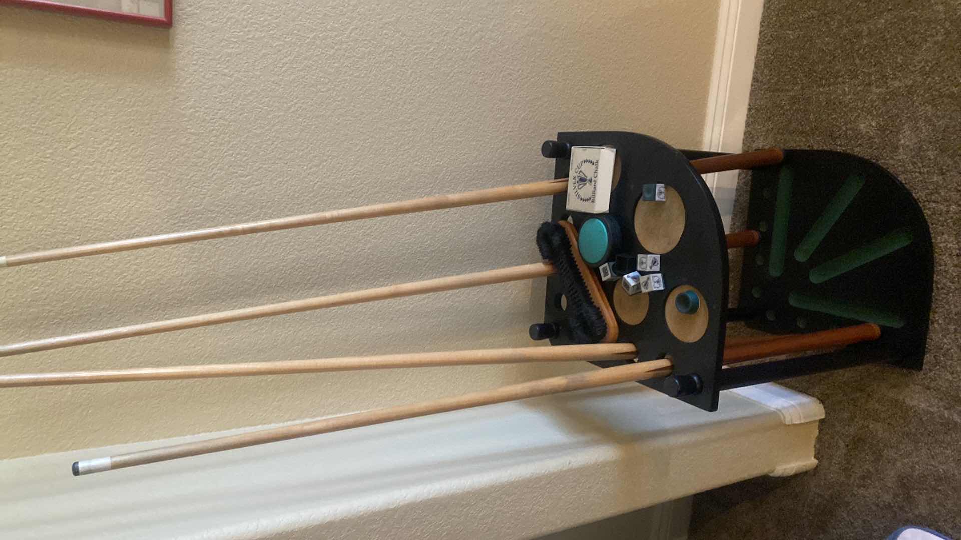 Photo 1 of POOL ACCESSORIES HOLDER WITH 4 QUE STICKS CHALK & BRUSH