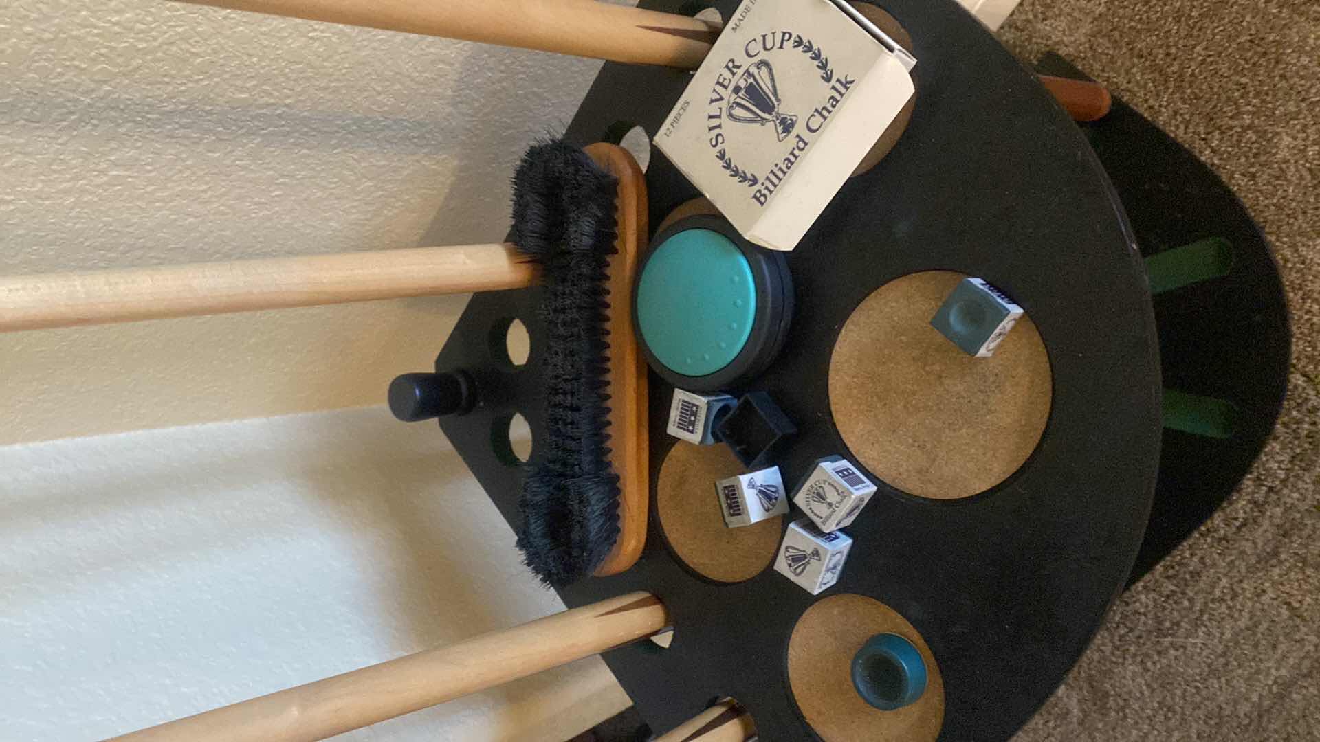 Photo 1 of POOL ACCESSORIES HOLDER WITH 4 QUE STICKS CHALK & BRUSH