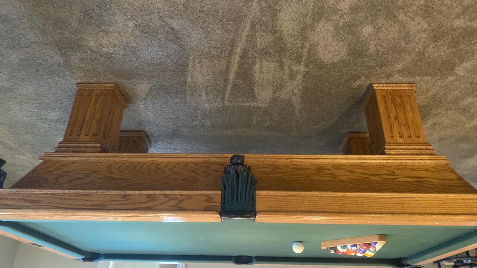 Photo 1 of CUSTOM GOLDEN WEST BILLIARDS MFG. BELLINGTON SOLID OAK POOL TABLE WITH BALLS & RACK 88 1/4” x 49“ H 31”