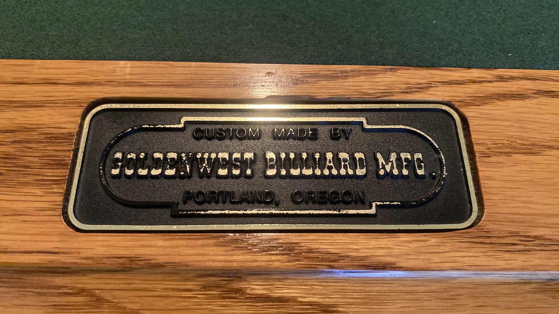 Photo 1 of CUSTOM GOLDEN WEST BILLIARDS MFG. BELLINGTON SOLID OAK POOL TABLE WITH BALLS & RACK 88 1/4” x 49“ H 31”