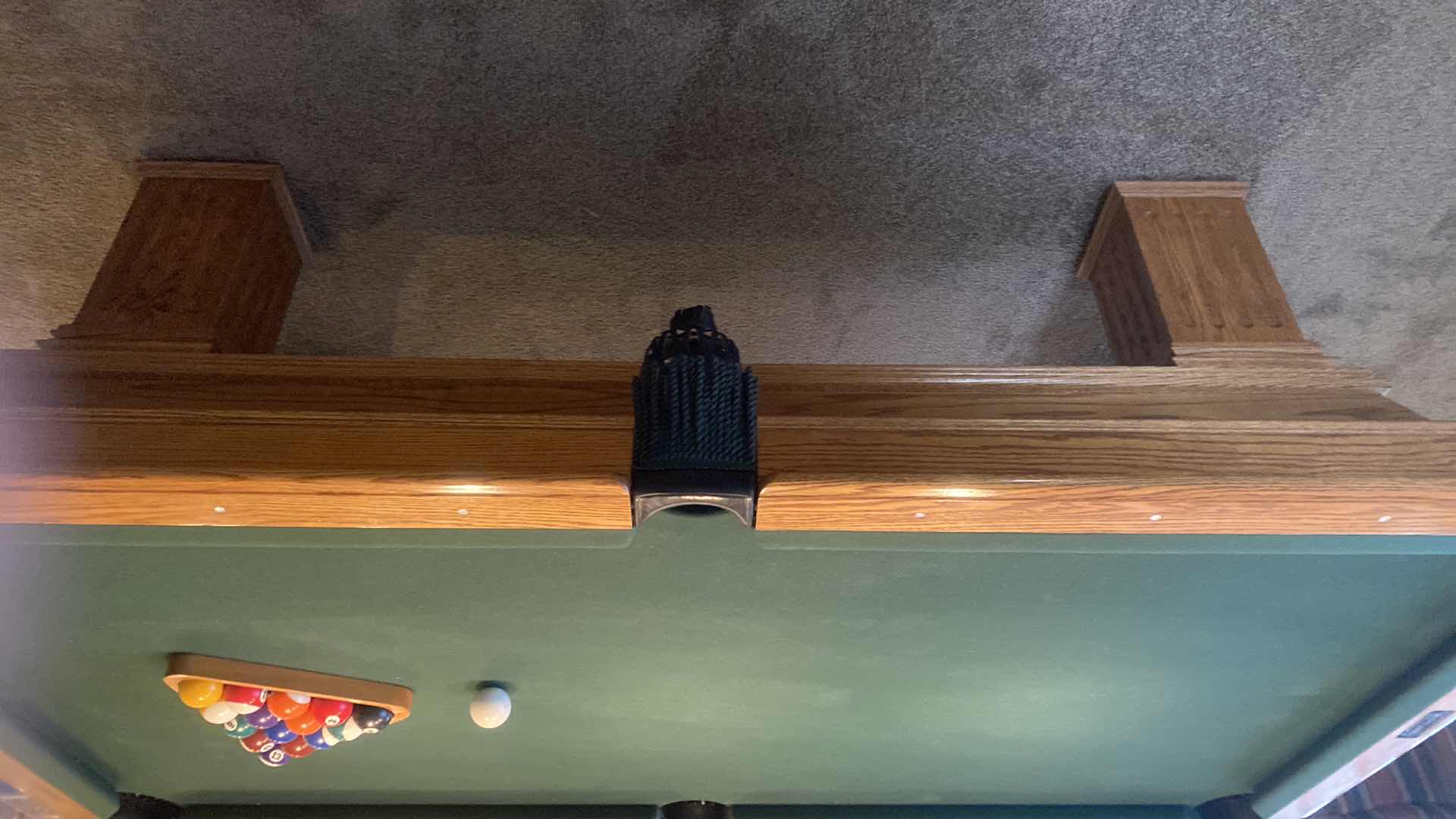 Photo 1 of CUSTOM GOLDEN WEST BILLIARDS MFG. BELLINGTON SOLID OAK POOL TABLE WITH BALLS & RACK 88 1/4” x 49“ H 31”