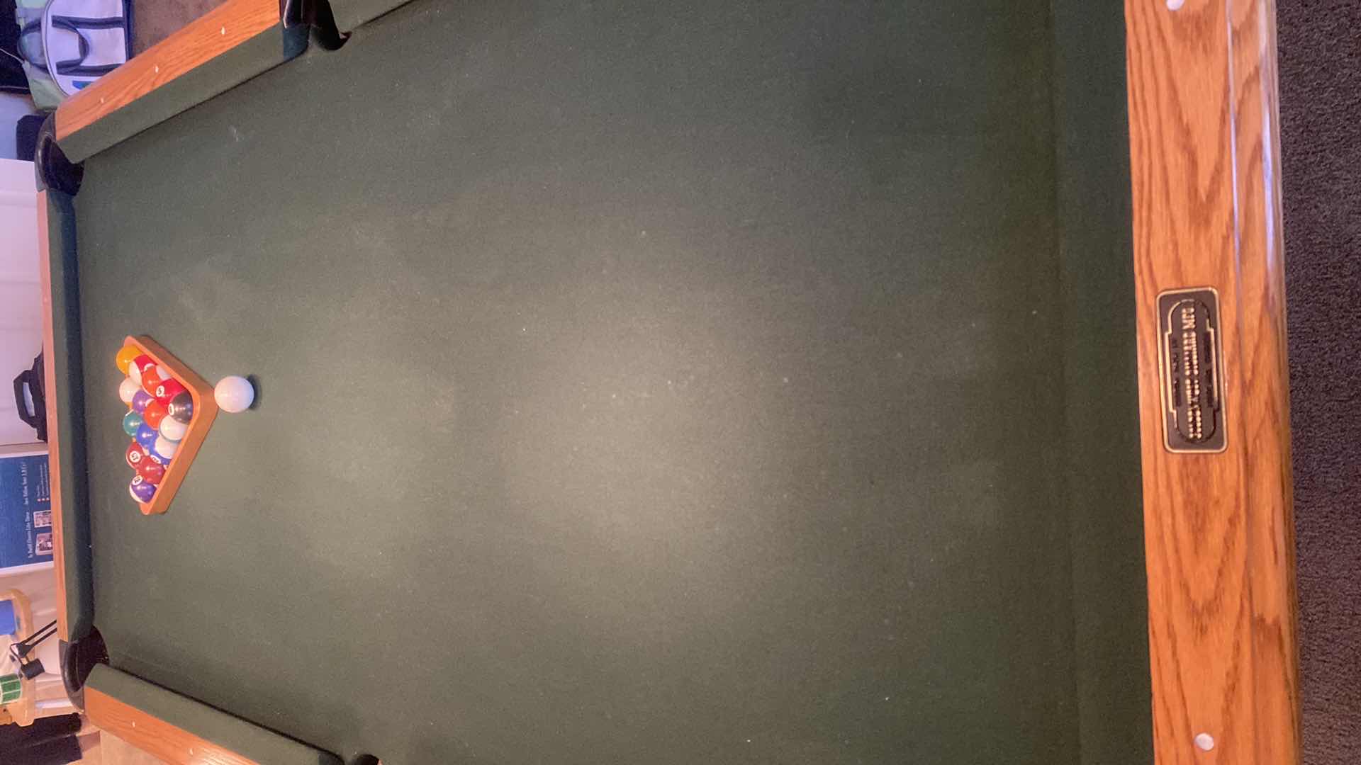 Photo 1 of CUSTOM GOLDEN WEST BILLIARDS MFG. BELLINGTON SOLID OAK POOL TABLE WITH BALLS & RACK 88 1/4” x 49“ H 31”