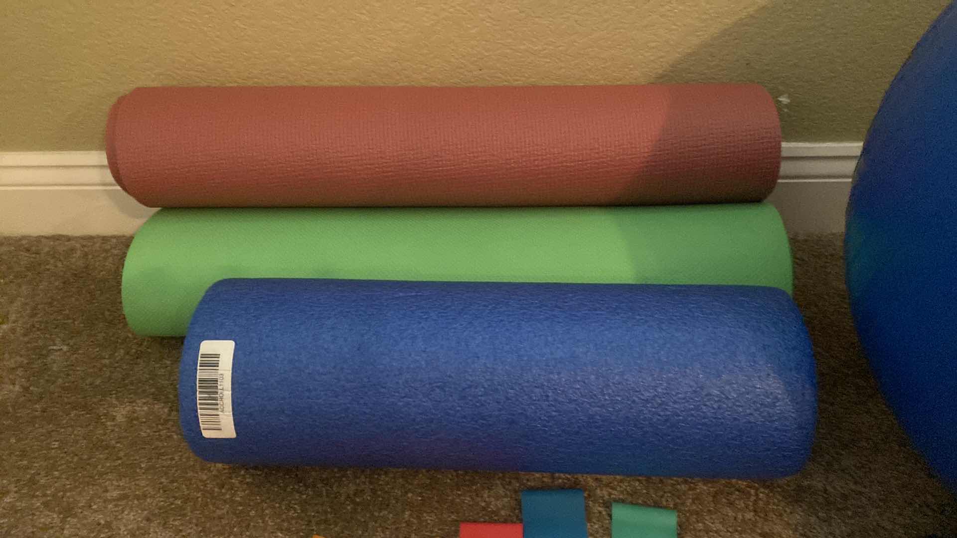 Photo 1 of FITNESS - 2 FLOOR MATS, FOAM ROLLER, BLOCK,POWER LOOPS & BALL