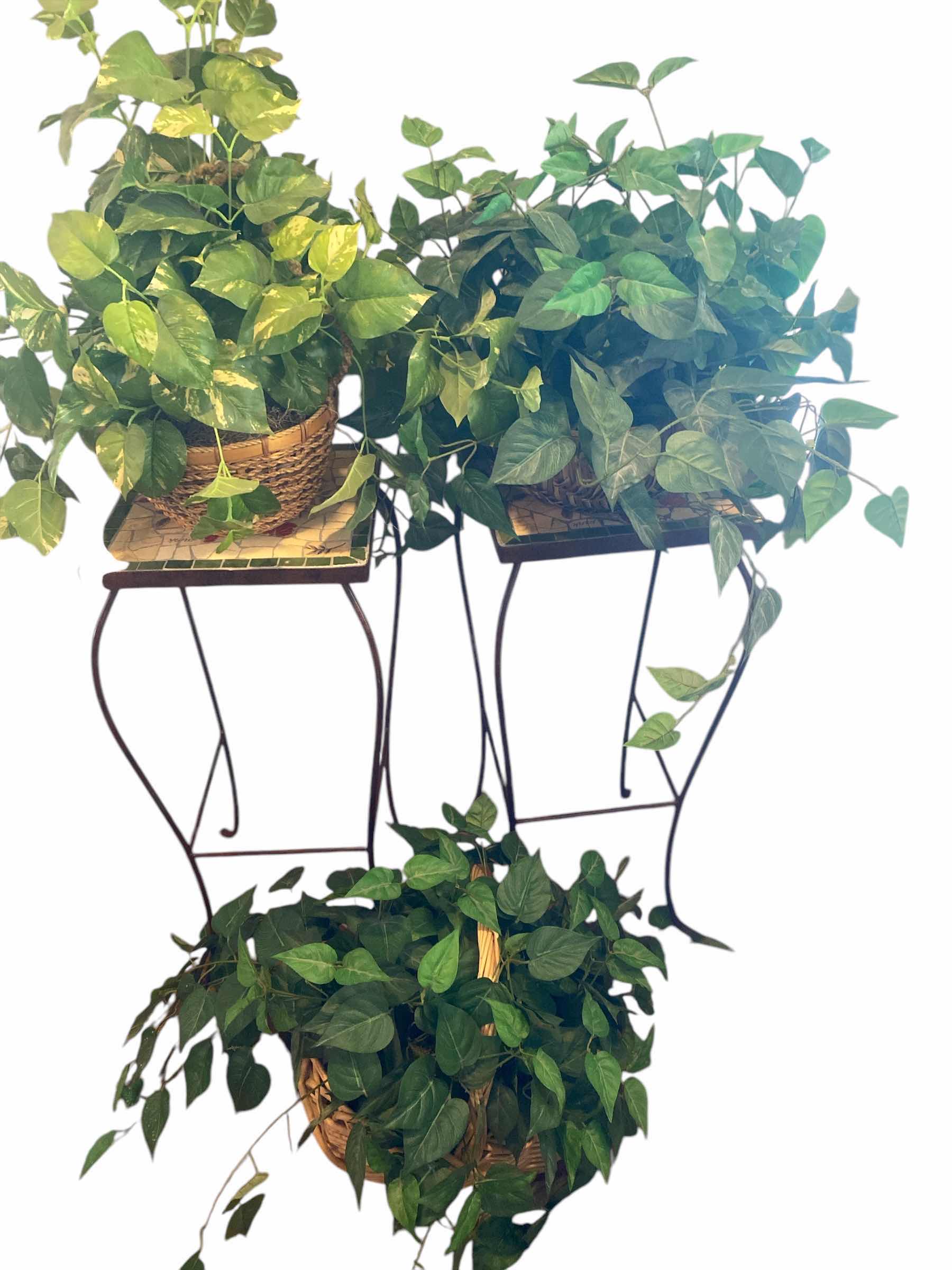 Photo 1 of 2 PLANT STANDS WITH TILE TOPS & 3 PLANTS STAND IS 12” x 12” H29”