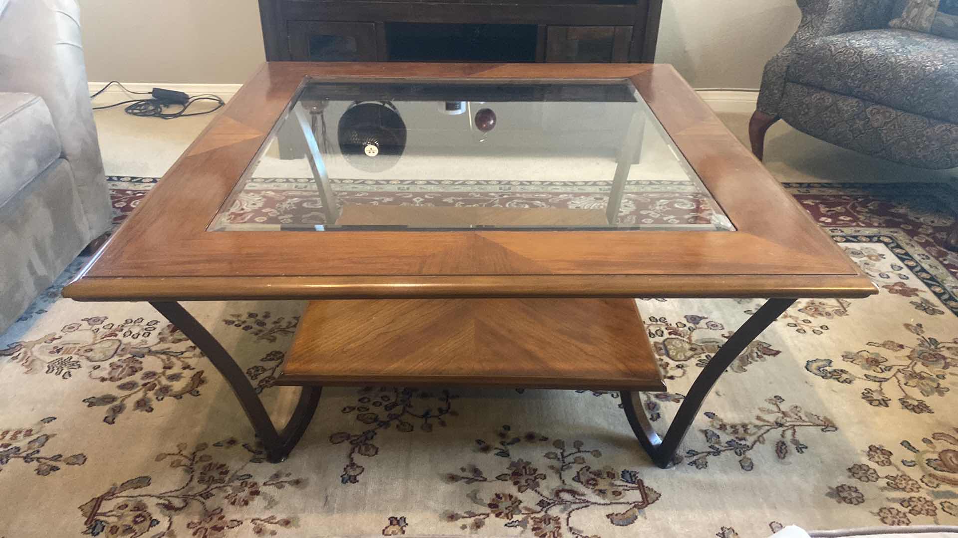 Photo 1 of SQUARE WOOD WITH BEVELED GLASS TOP COCKTAIL TABLE 40” x 40” H18 1/2”