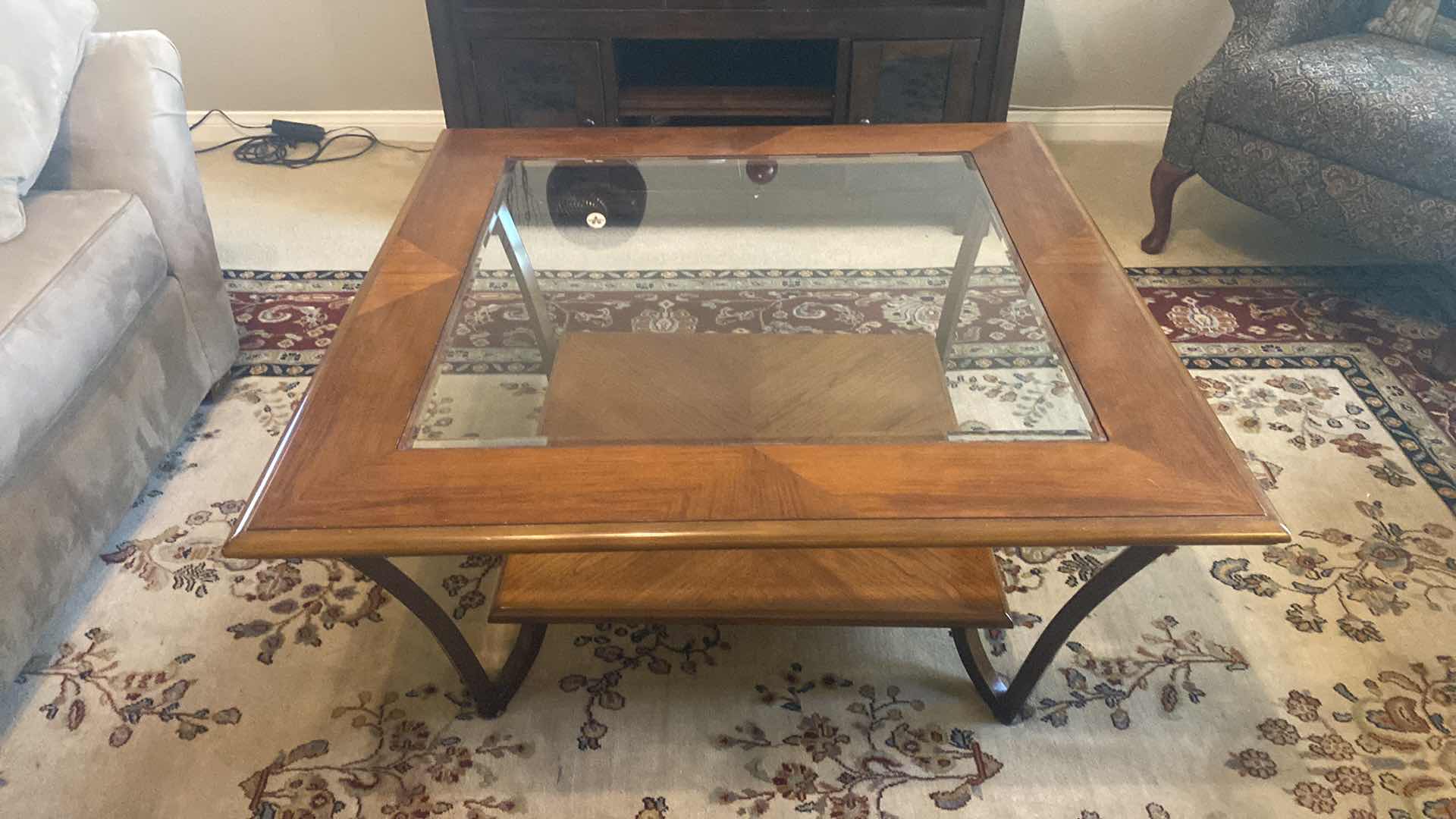 Photo 1 of SQUARE WOOD WITH BEVELED GLASS TOP COCKTAIL TABLE 40” x 40” H18 1/2”