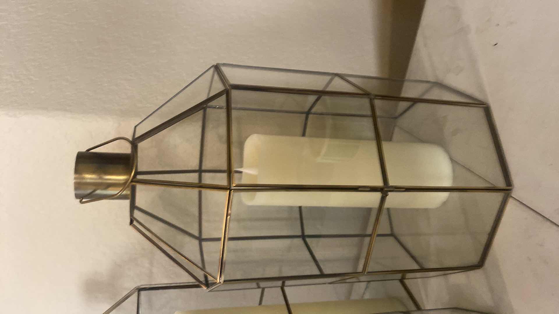 Photo 1 of 3 GLASS CANDLE LANTERNS WITH 2 FLAMELESS CANDLES LARGEST 7” X 17”