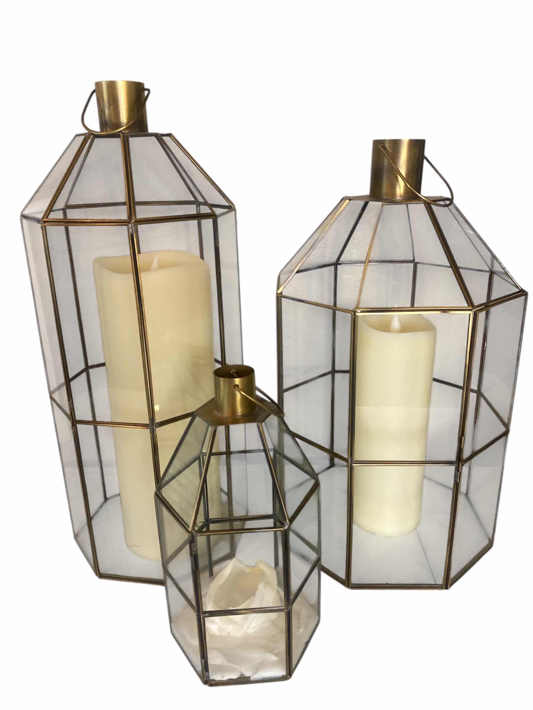 Photo 1 of 3 GLASS CANDLE LANTERNS WITH 2 FLAMELESS CANDLES LARGEST 7” X 17”