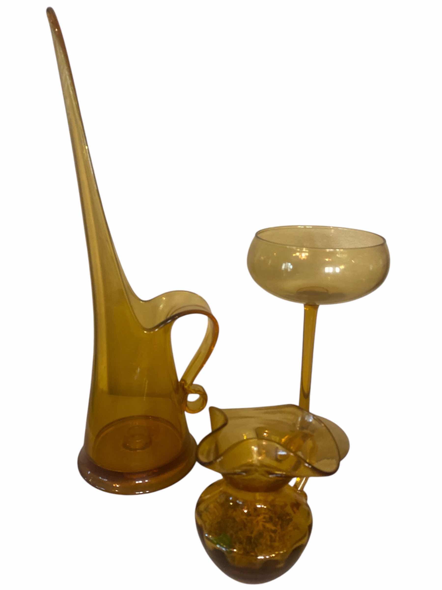 Photo 1 of 3 - AMBER GLASS VASE, PITCHER & TALL GLASS H17”