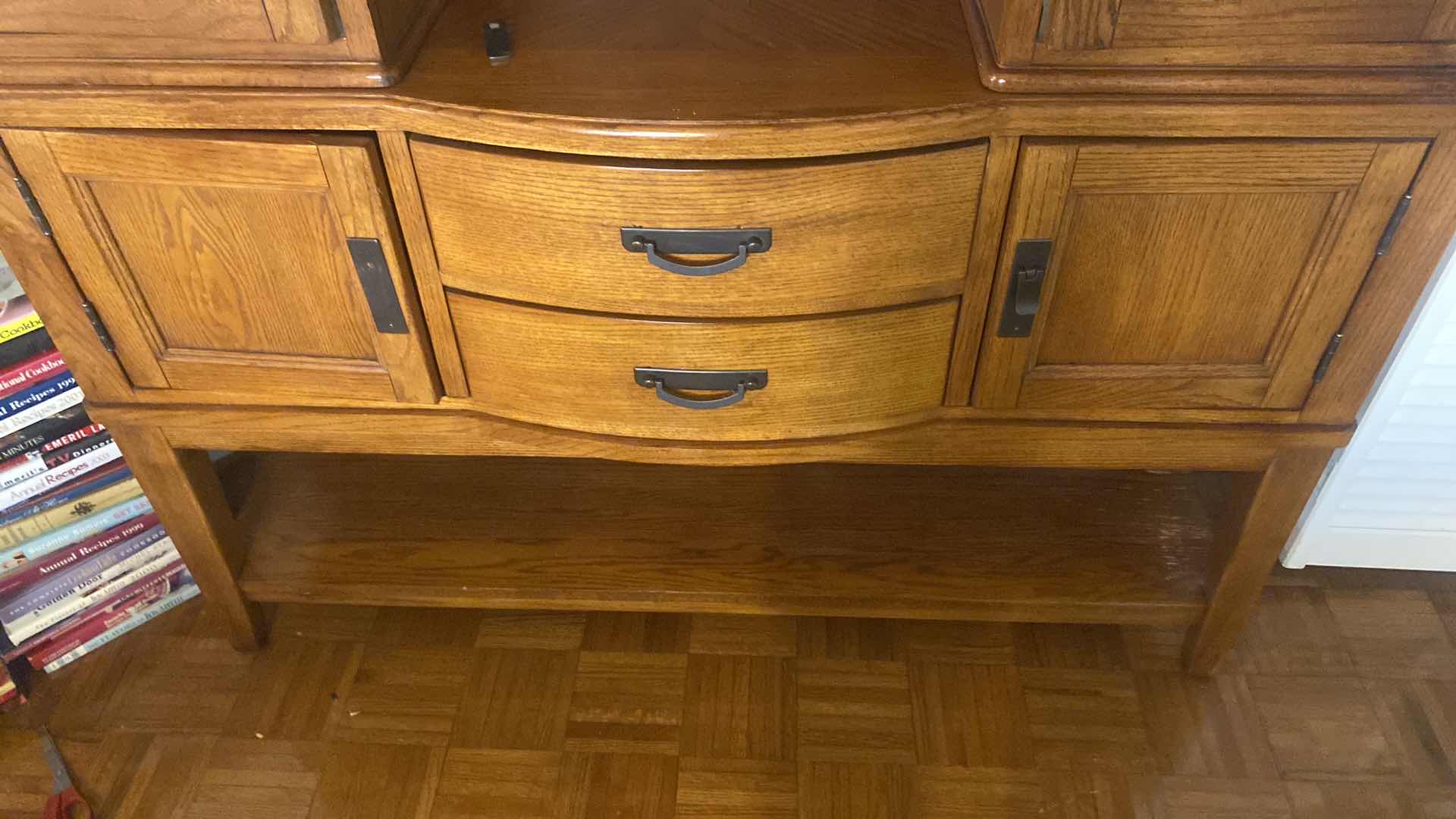 Photo 1 of OAK SIDEBOARD WITH BEVELED GLASS DOORS & SHELF ON BOTTOM 56“ x 18“ H84”