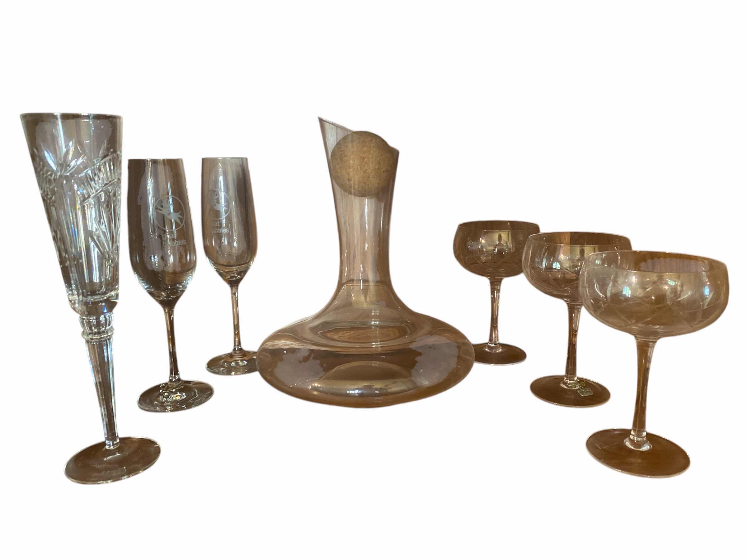 Photo 1 of CLEAR GLASS WINE DECANTER & 6 CHAMPAGNE GLASSES