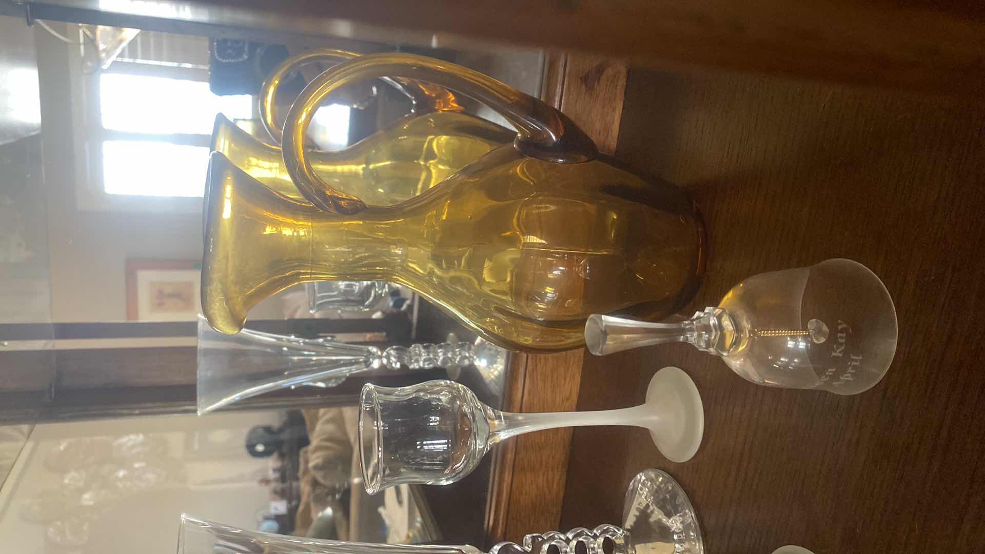 Photo 1 of AMBER GLASS PITCHER & 4 STEMWARE GLASSES & BELL