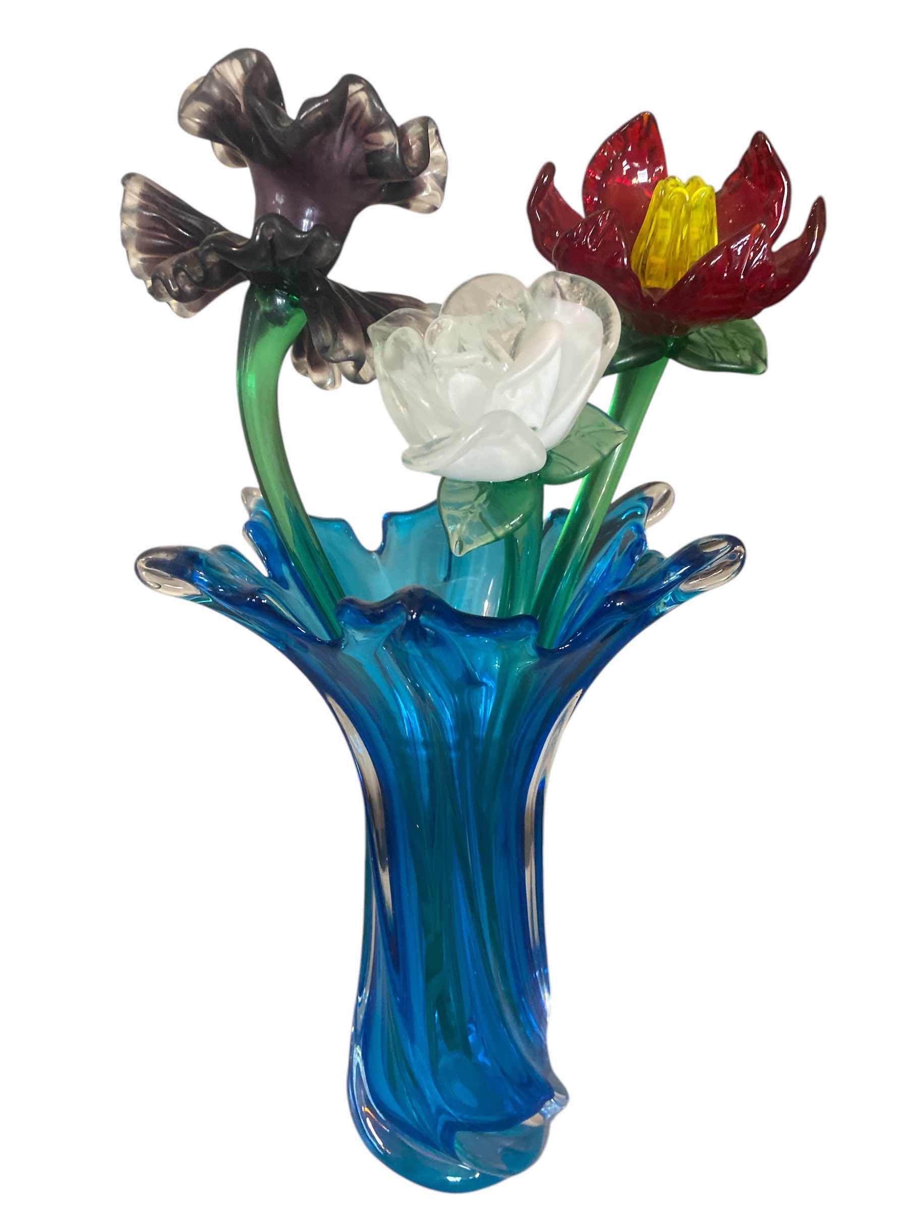 Photo 1 of BLUE ART GLASS VASE WITH HLASS FLOWERS, VASE H9”