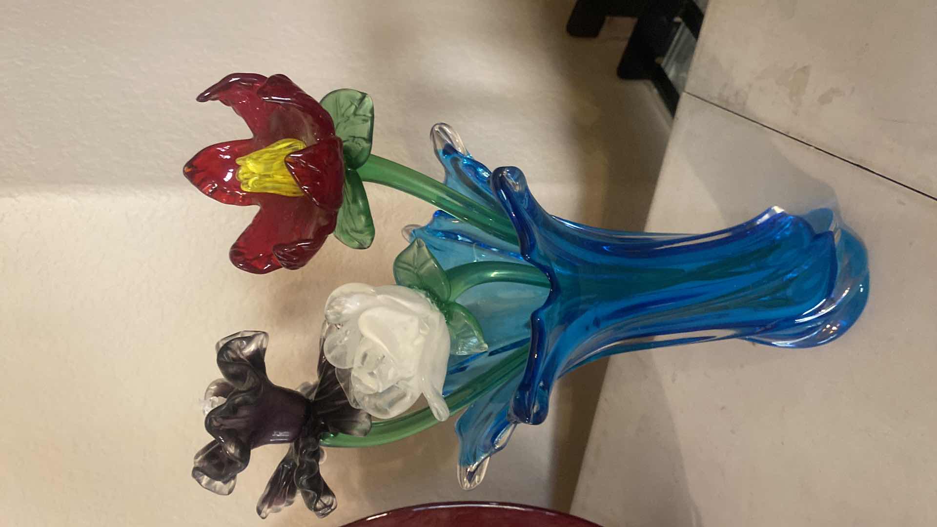 Photo 1 of BLUE ART GLASS VASE WITH HLASS FLOWERS, VASE H9”