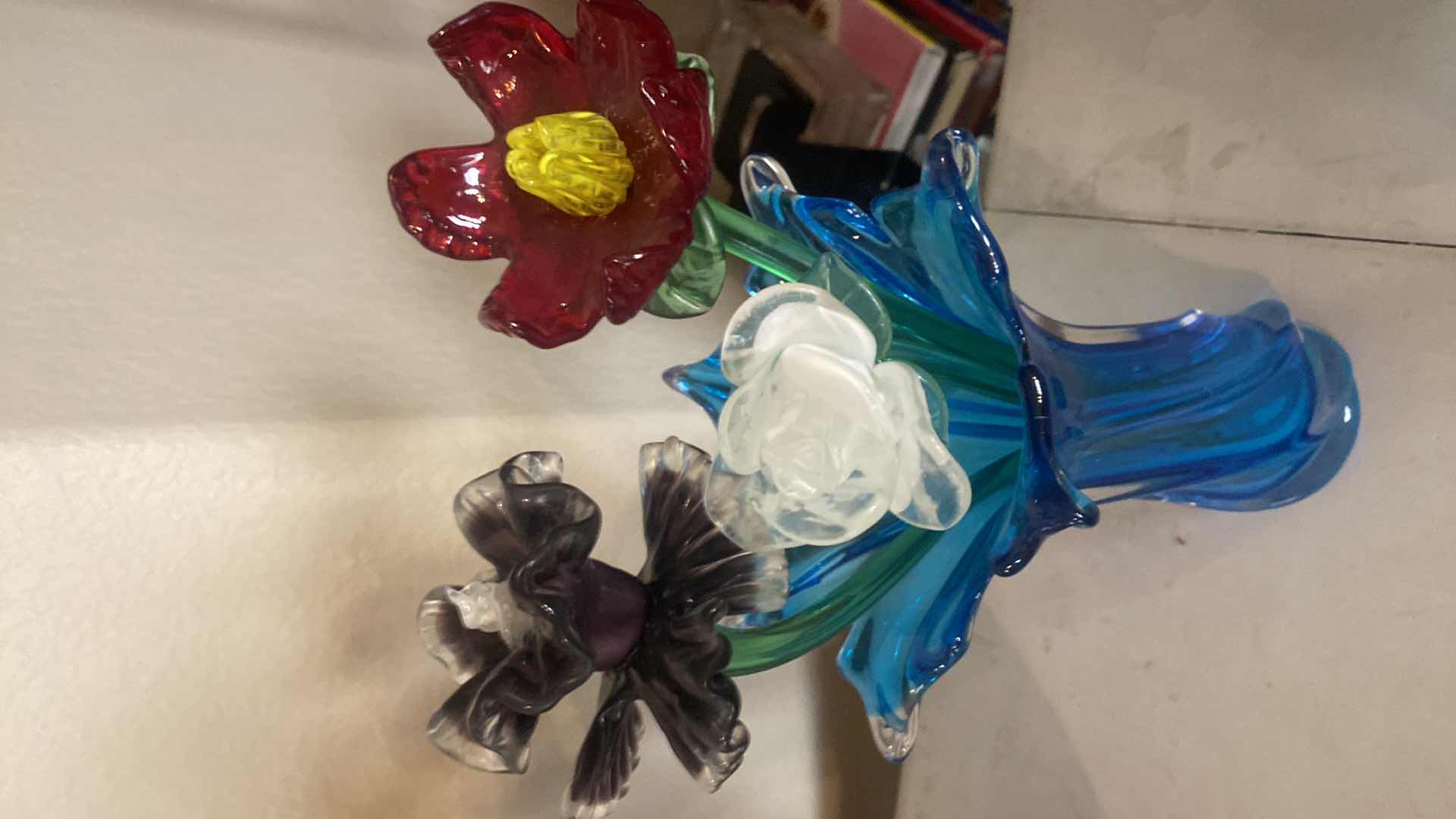 Photo 1 of BLUE ART GLASS VASE WITH HLASS FLOWERS, VASE H9”