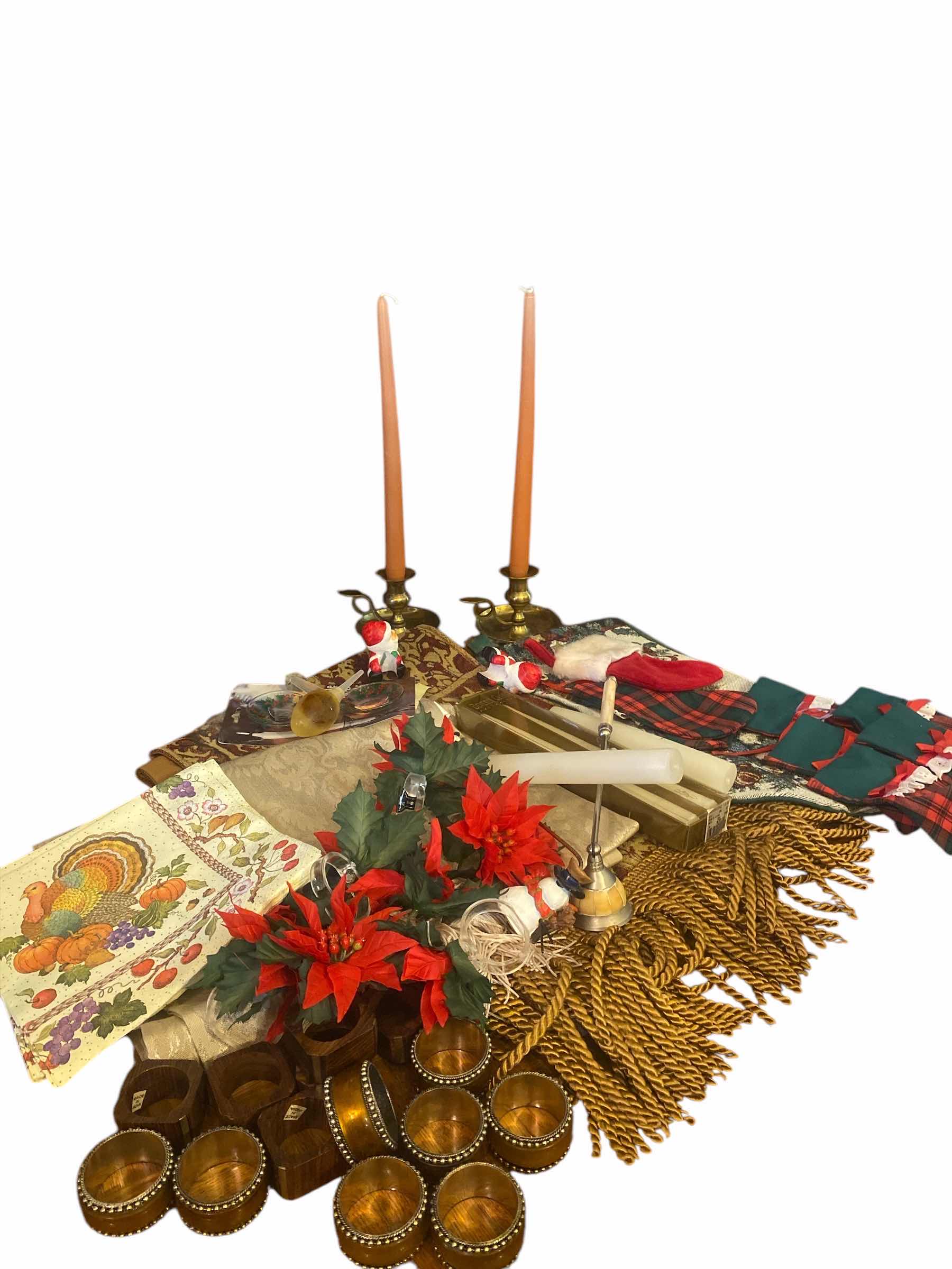 Photo 1 of 2 - TABLE RUNNERS, CANDLE HOLDERS WITH CANDLES & NAPKIN RINGS