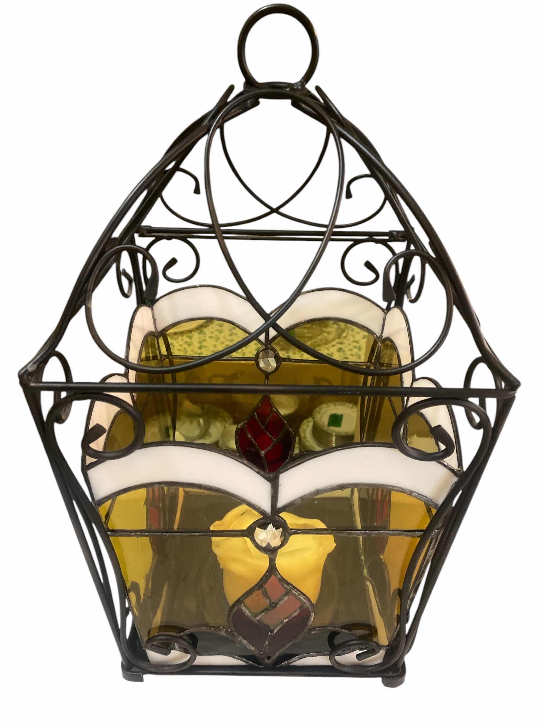 Photo 1 of STAINED GLASS & IRON CANDLE LANTERN 9“ x 9“ H17”
