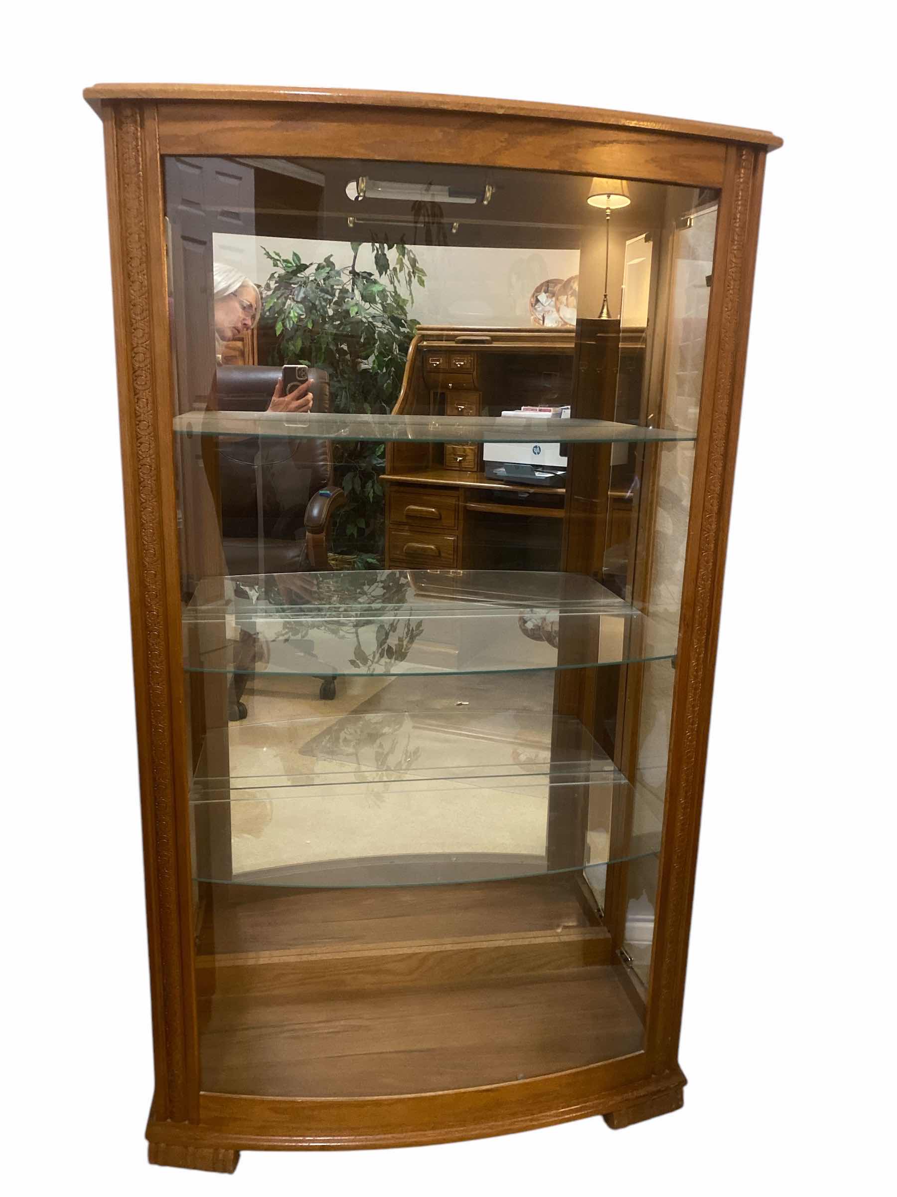 Photo 1 of OAK DISPLAY CABINET WITH 3 GLASS SHELVES & LIGHT 32“ x 15“ H56”