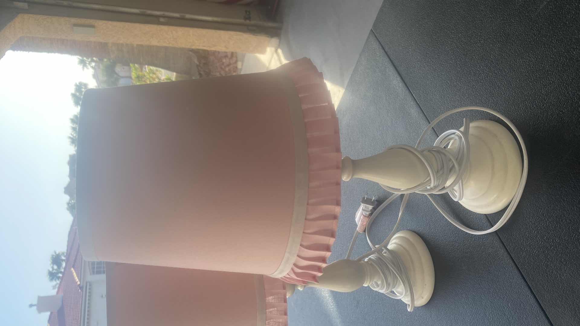 Photo 1 of PAIR OF WHITE WOOD WITH PINK SHADES BEDROOM LAMPS H18”