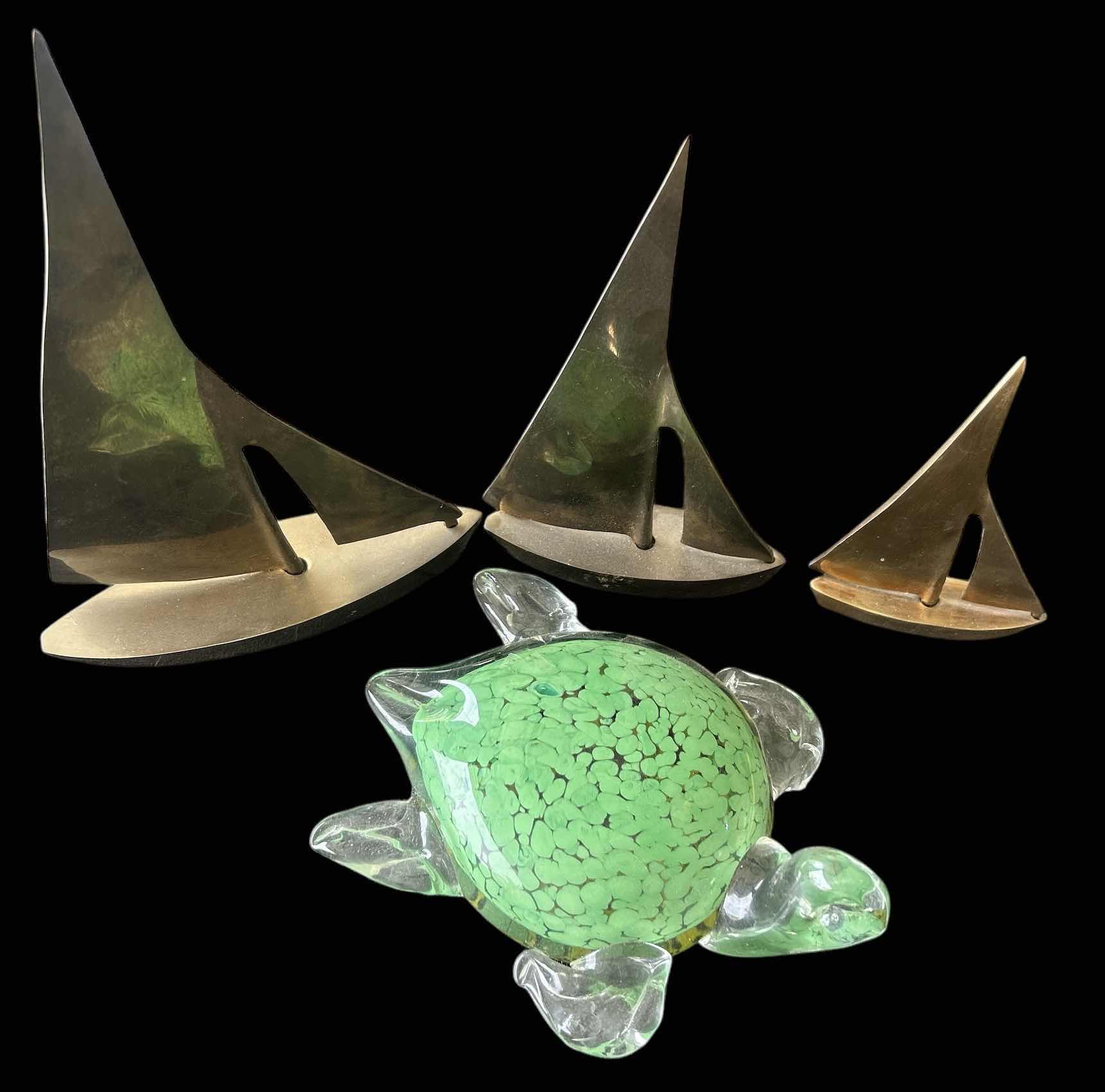 Photo 1 of 3 BRASS SAILBOATS AND GLASS TURTLE ( TALLEST SAILBOAT 10”)