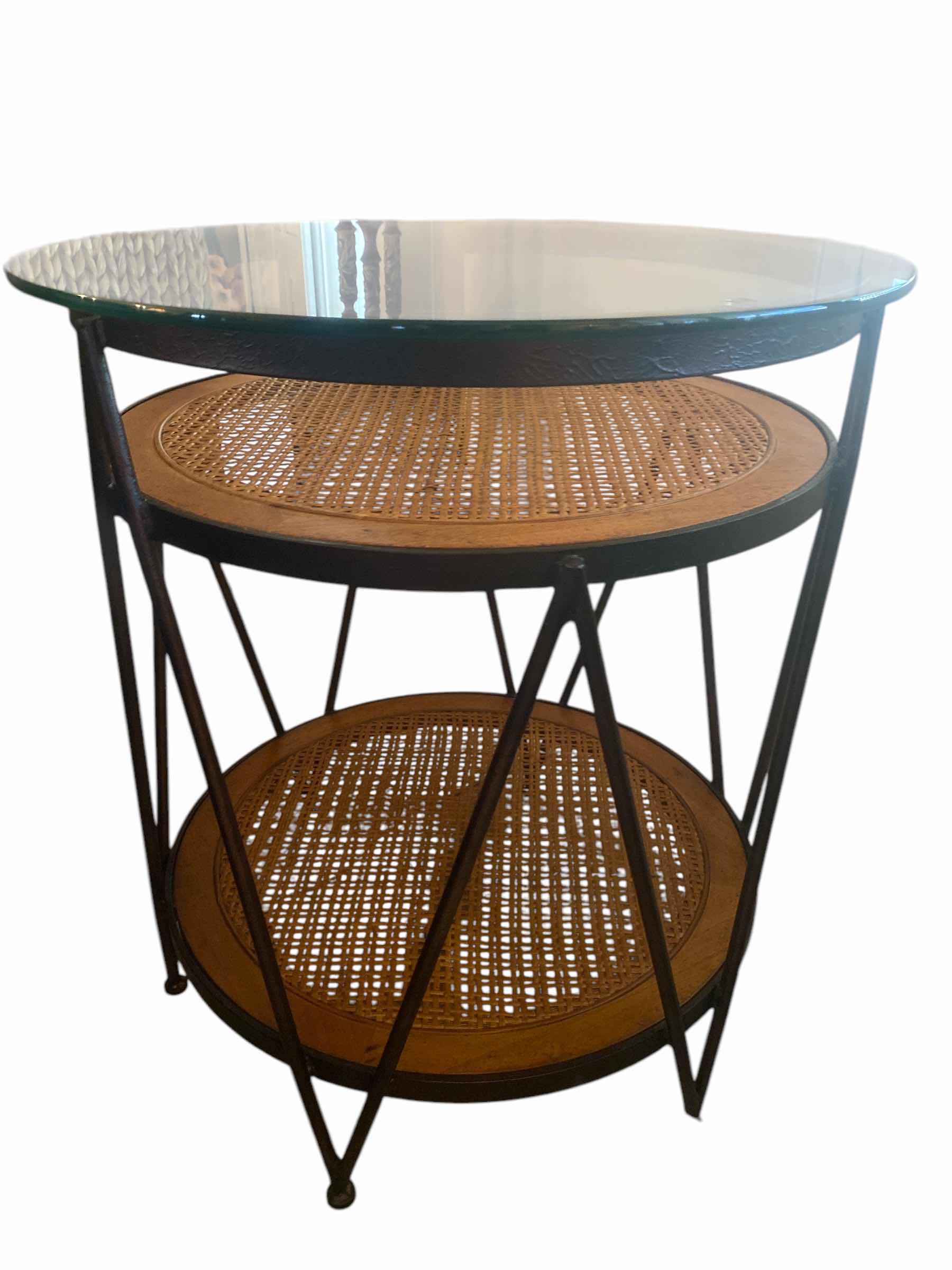 Photo 1 of 26” METAL & RATTAN & WOOD END TABLE WITH GLASS TOP H28”