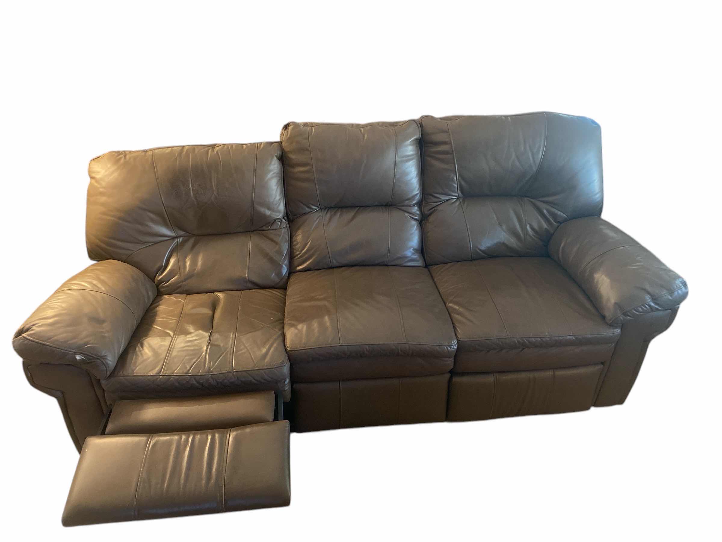 Photo 1 of 90” BROWN LEATHER BERKLINE 3 SEAT SOFA  ENDS RECLINE