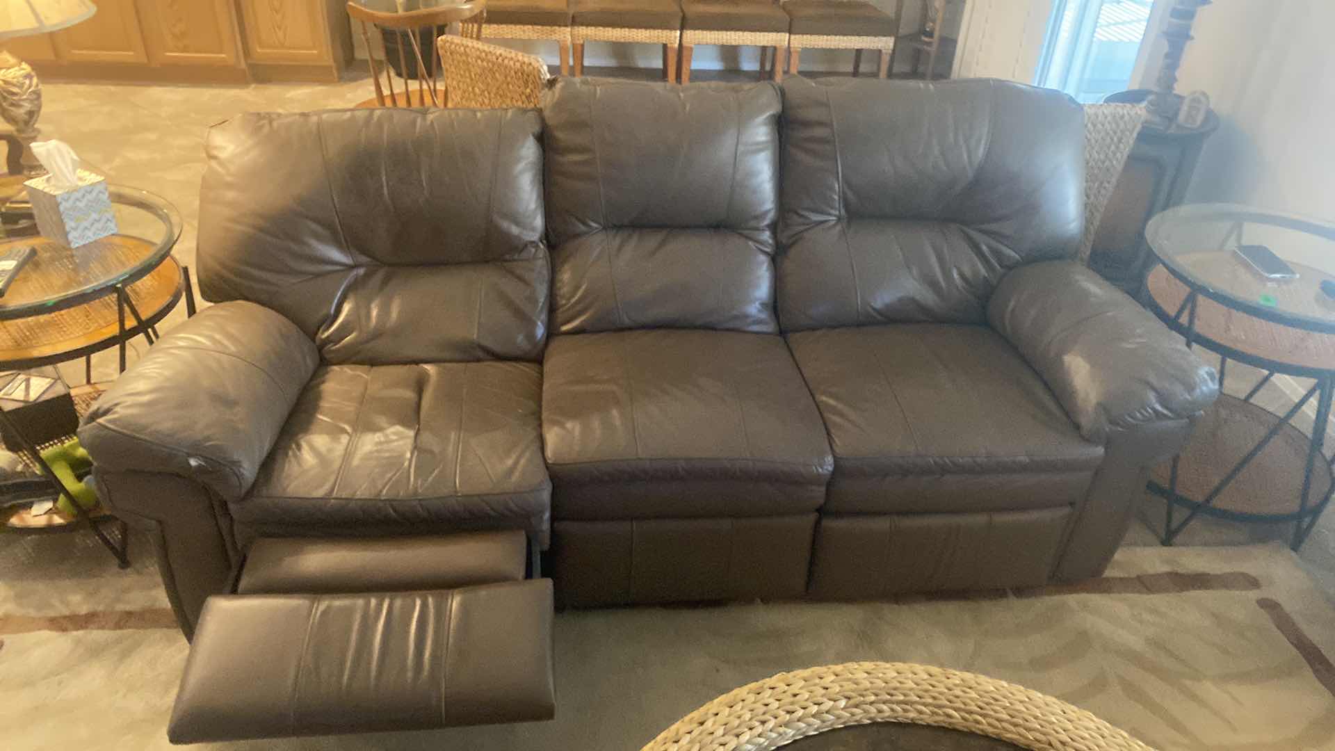 Photo 1 of 90” BROWN LEATHER BERKLINE 3 SEAT SOFA  ENDS RECLINE