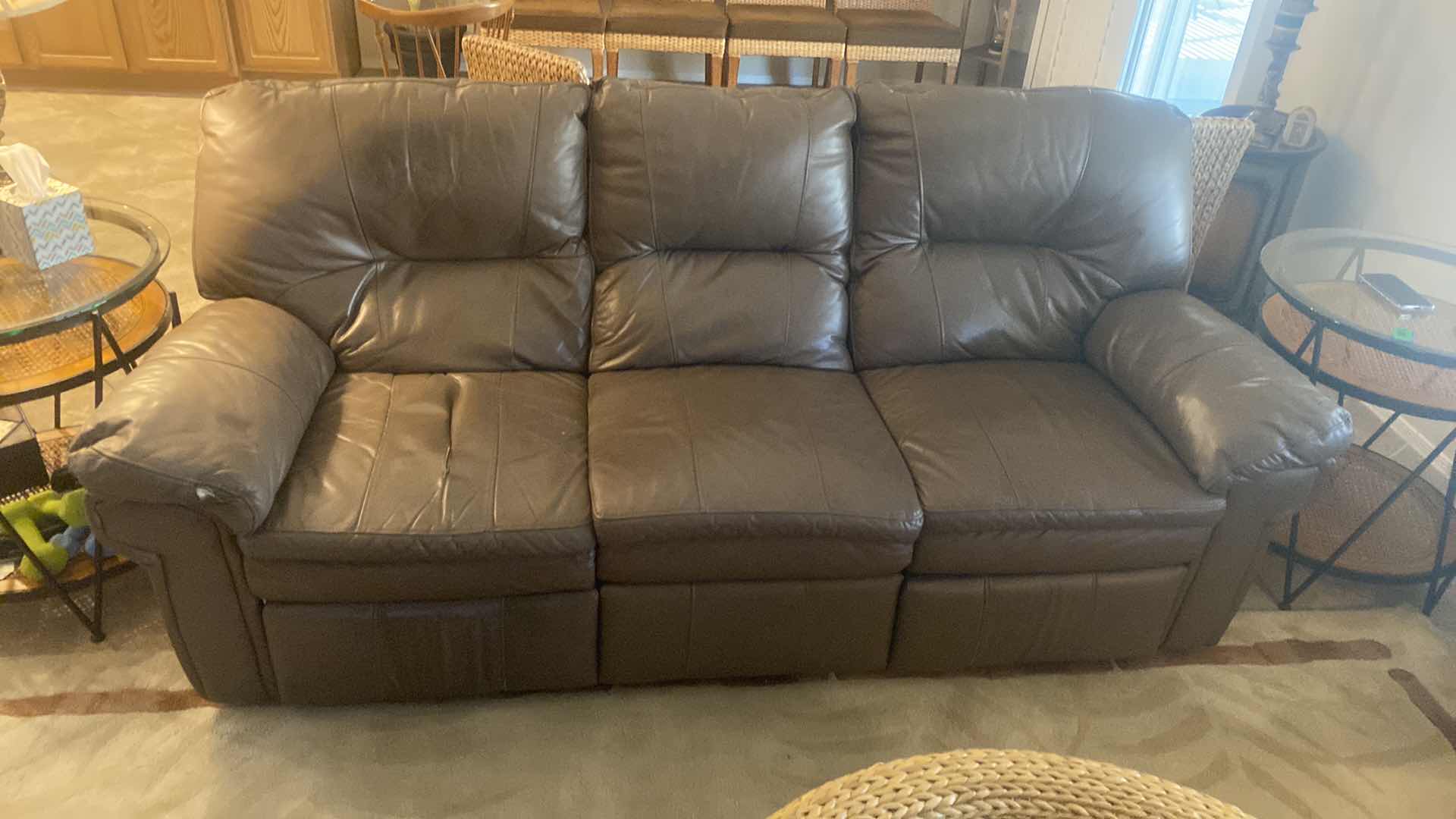 Photo 1 of 90” BROWN LEATHER BERKLINE 3 SEAT SOFA  ENDS RECLINE